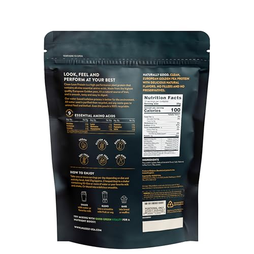 Nuzest pea protein powder tub side label, allergen-free formula for gluten-free diets.