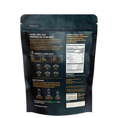 Nuzest pea protein powder tub side label, allergen-free formula for gluten-free diets.