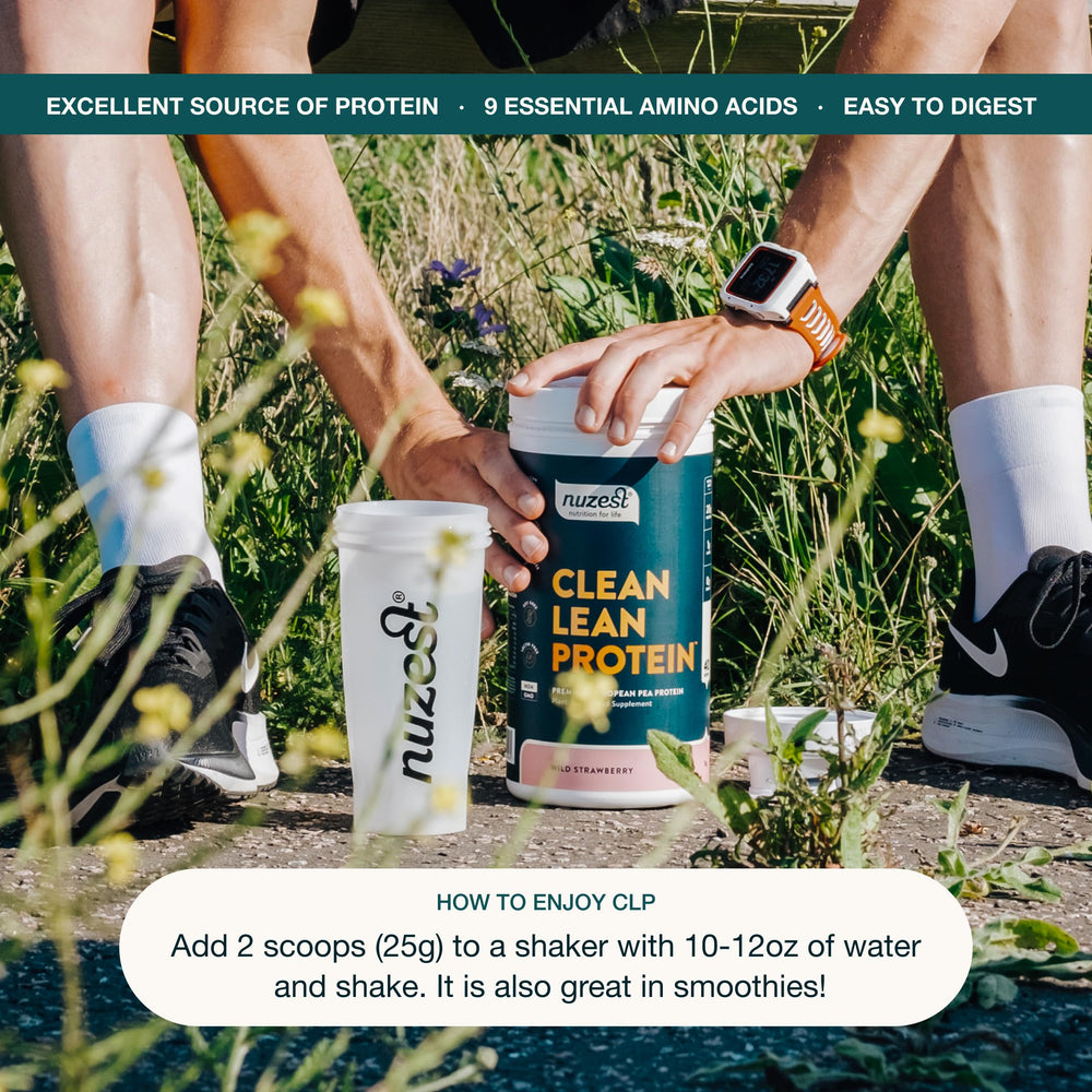 Nuzest label closeup confirms non-GMO and dairy-free benefits.