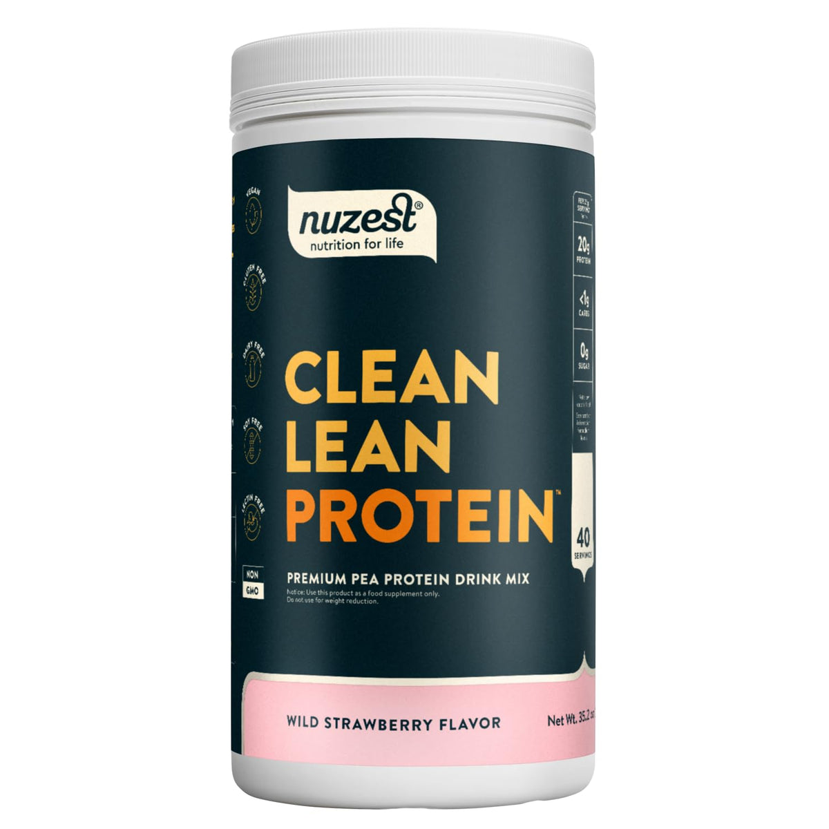 Nuzest pea protein powder wild strawberry closeup showing smooth texture for mixing.