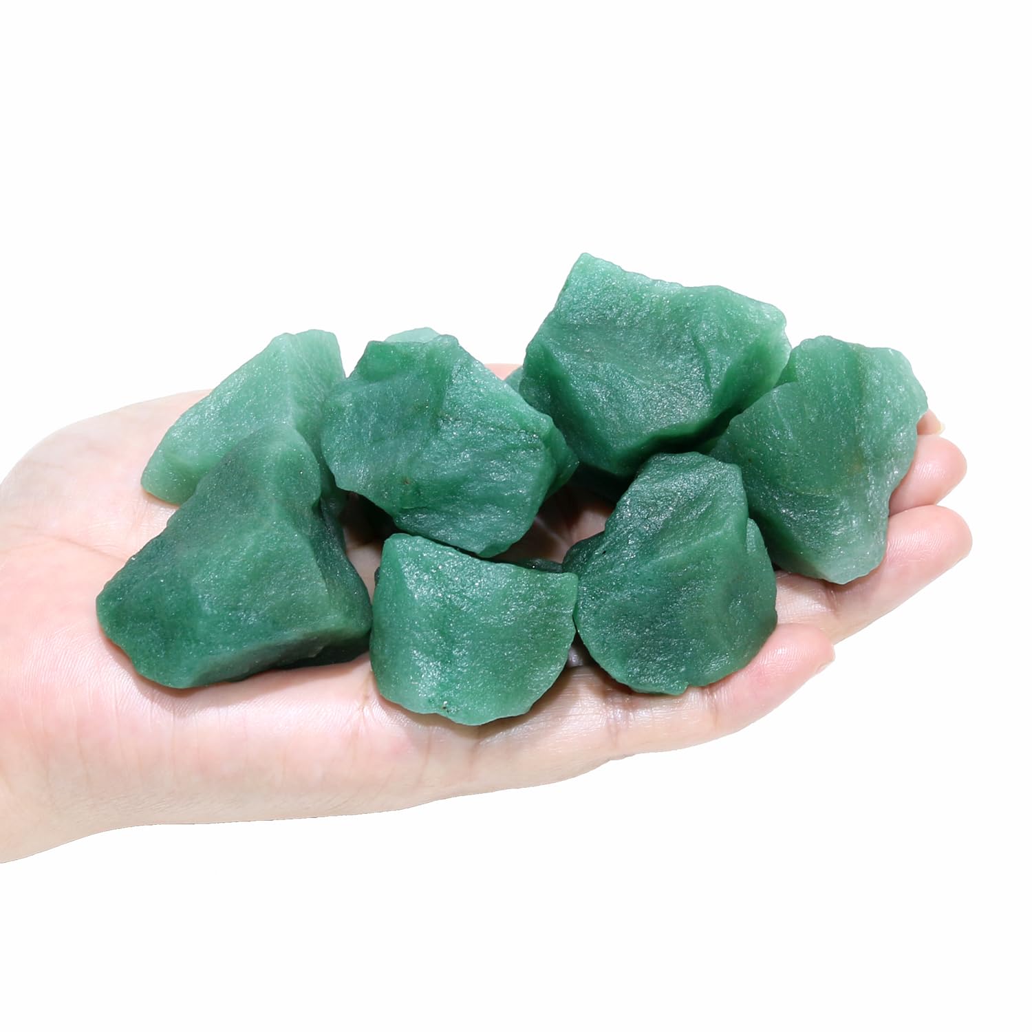 Nvzi bulk collection of green aventurine specimens for tabletop display.