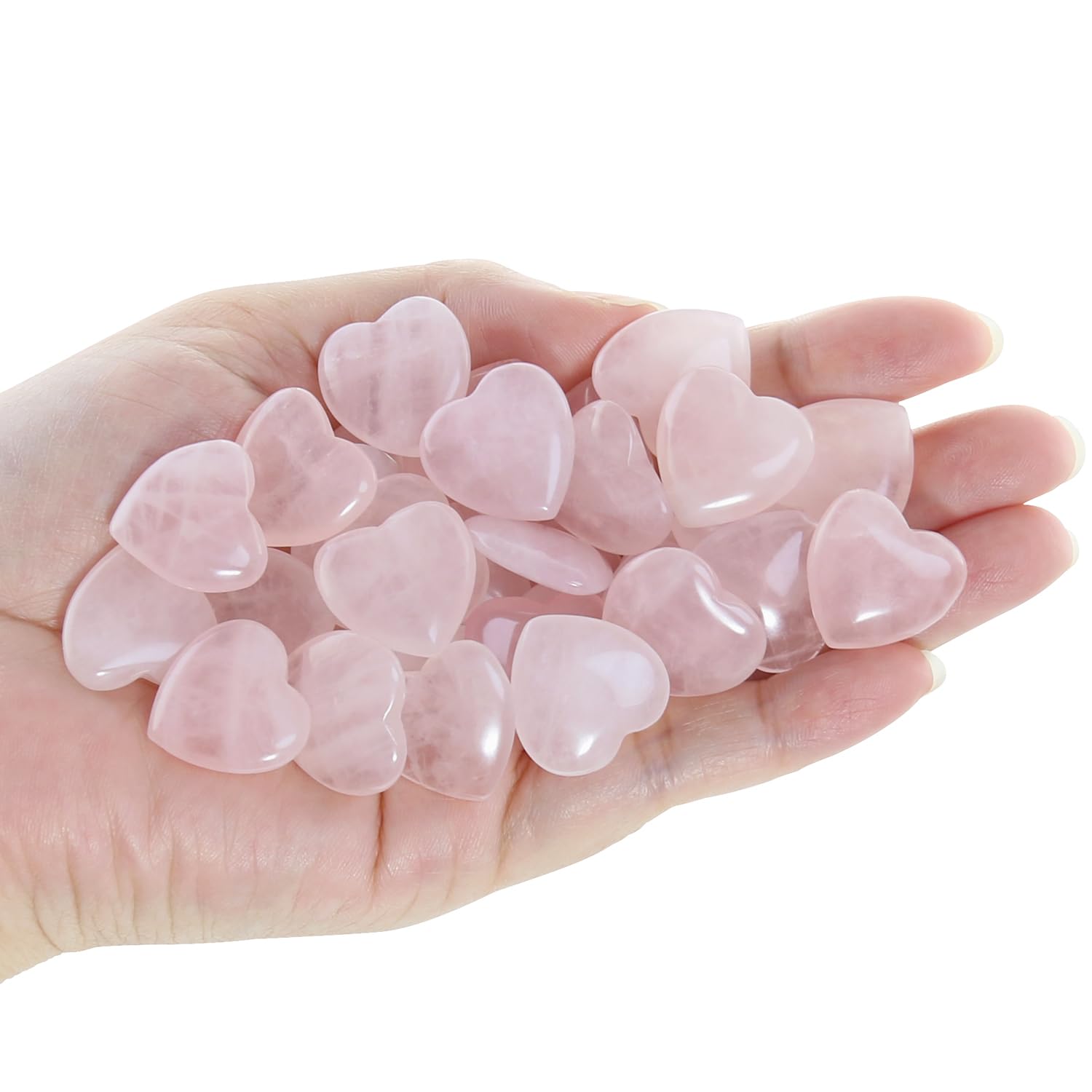 Nvzi rose-quartz-heart stones arranged in a decorative home display