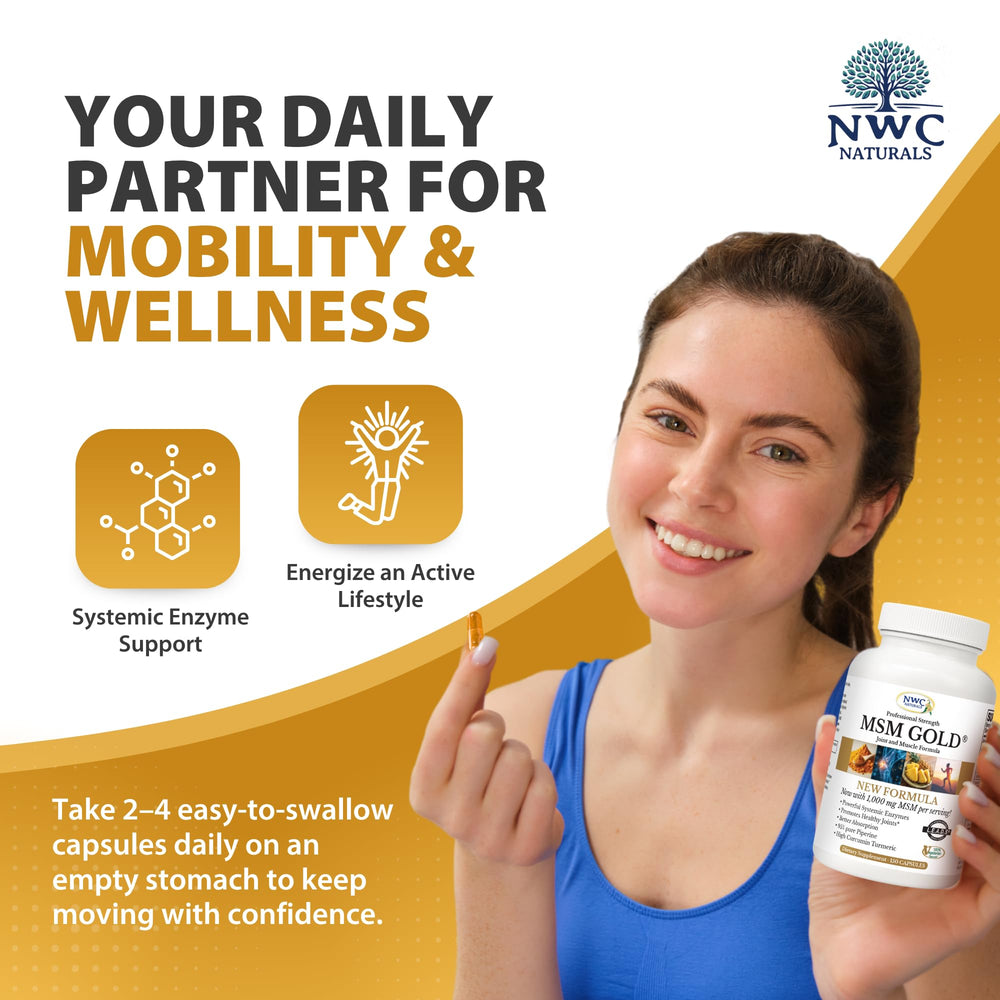 NWC Naturals MSM Gold BioPerine image illustrating enhanced absorption.