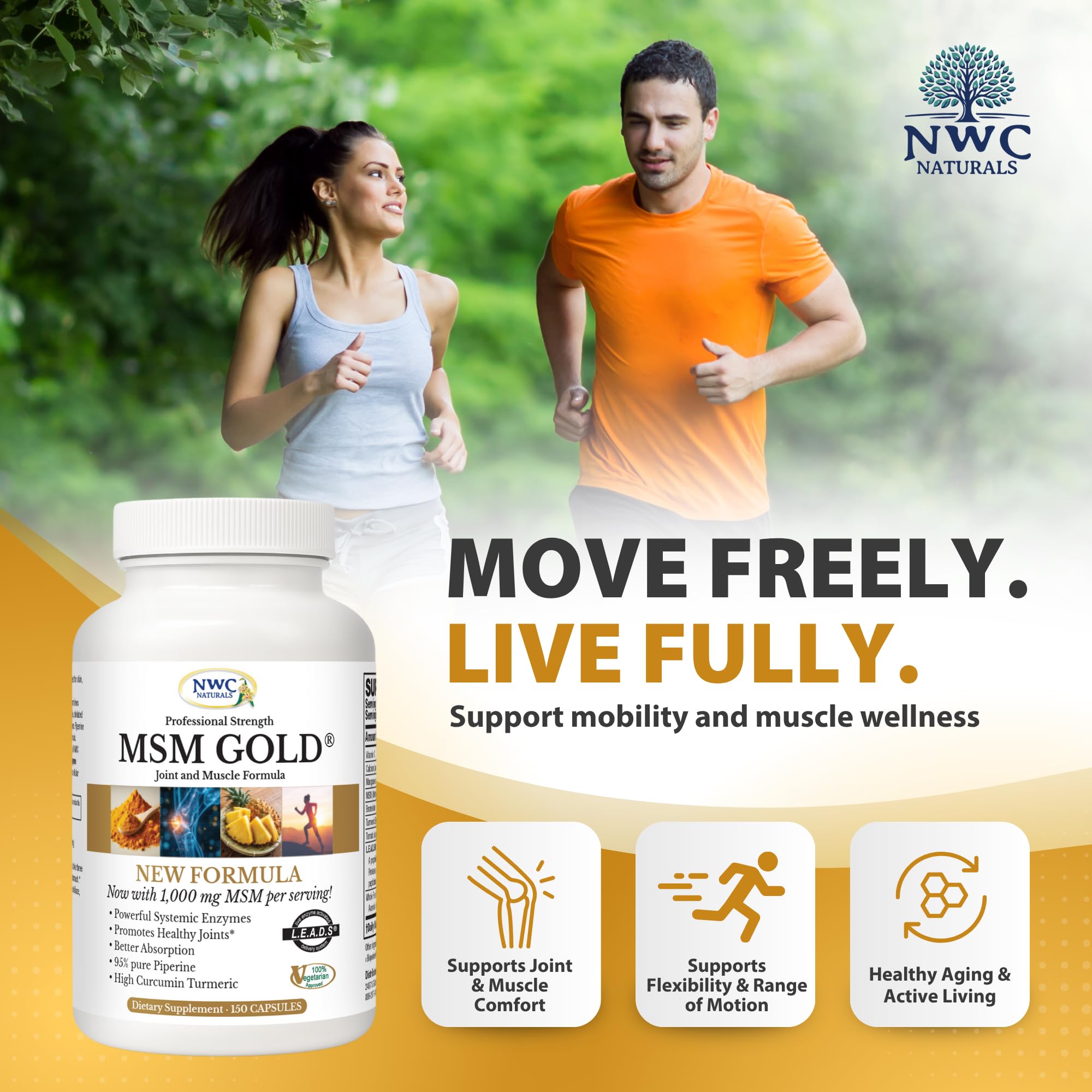 NWC Naturals MSM Gold bottle label highlighting the 50% more capsules per bottle.