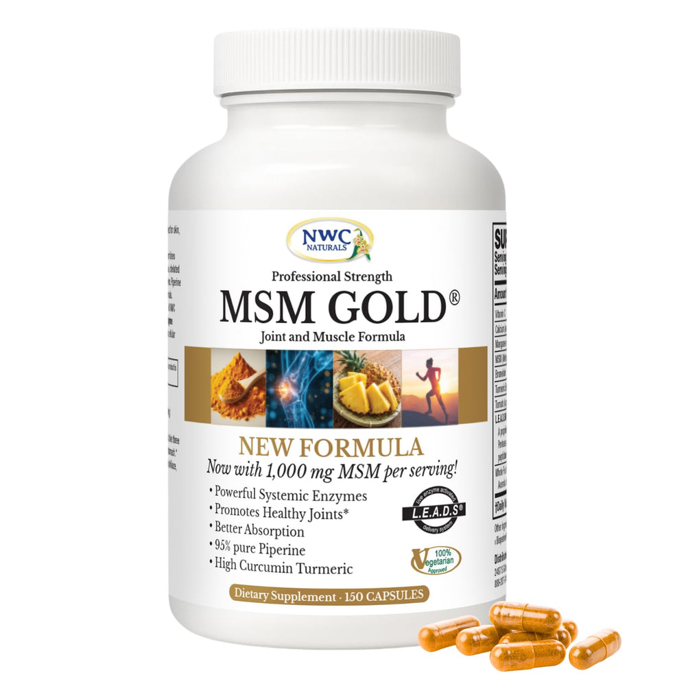 NWC Naturals MSM Gold bottle showing antioxidant‑rich formula for daily joint support.