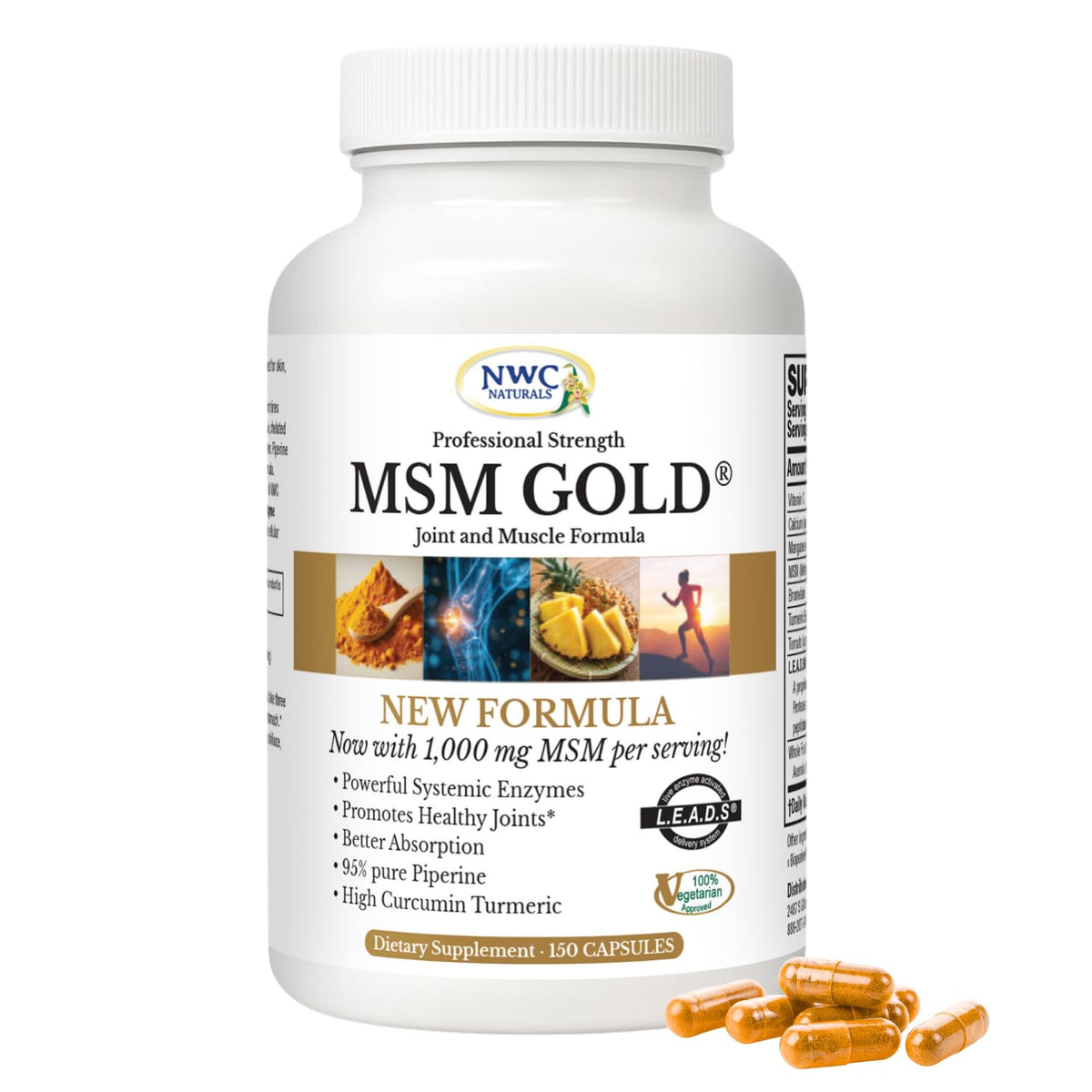 NWC Naturals MSM Gold bottle showing antioxidant‑rich formula for daily joint support.