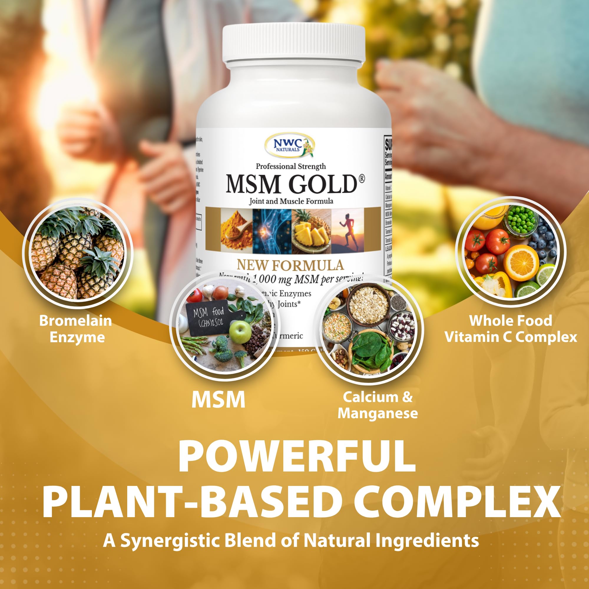 NWC Naturals MSM Gold turmeric visual showcasing 95% curcuminoids for antioxidant support.