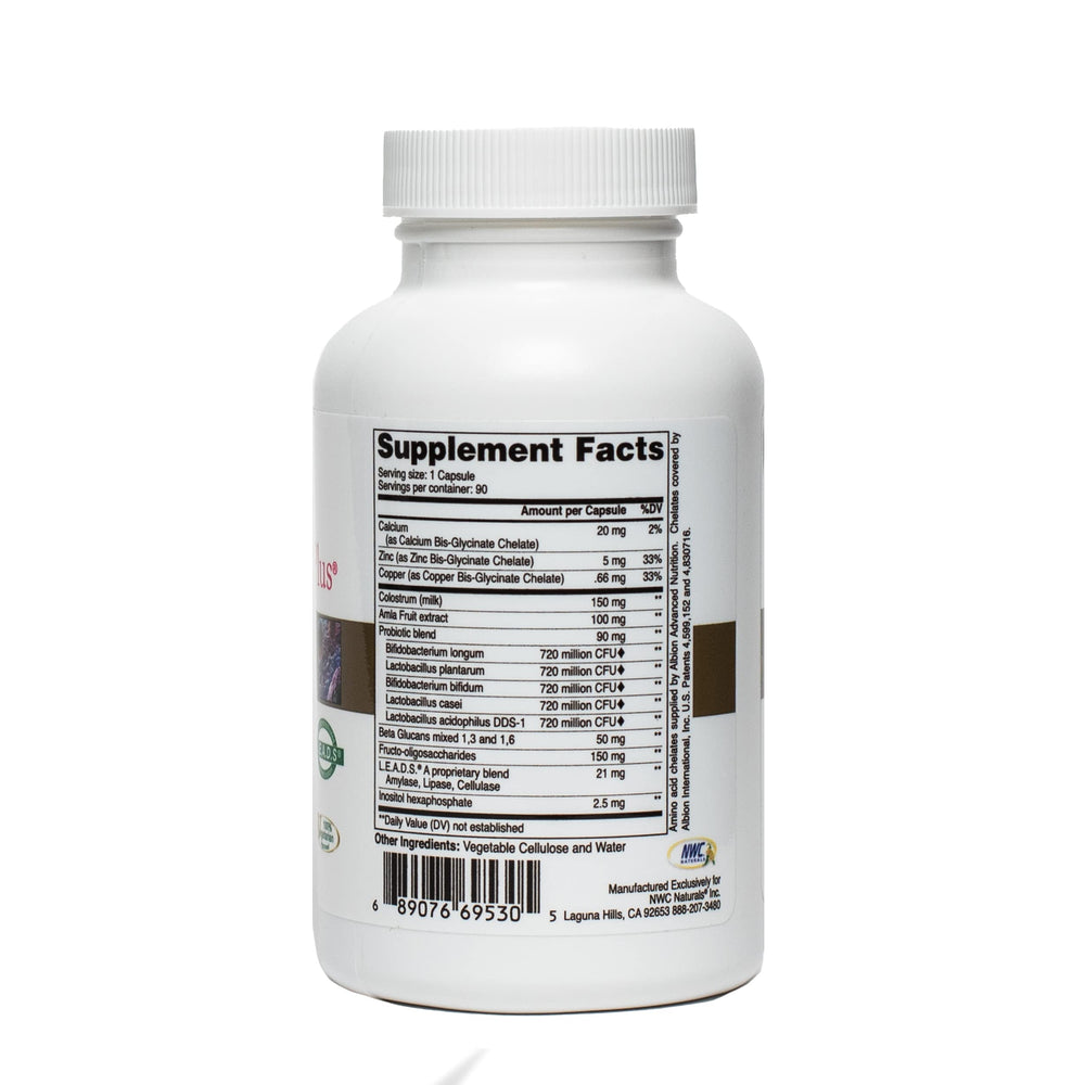 NWC Naturals Pro-Biotics Plus bottle label highlighting 3.6B CFU and core ingredients.