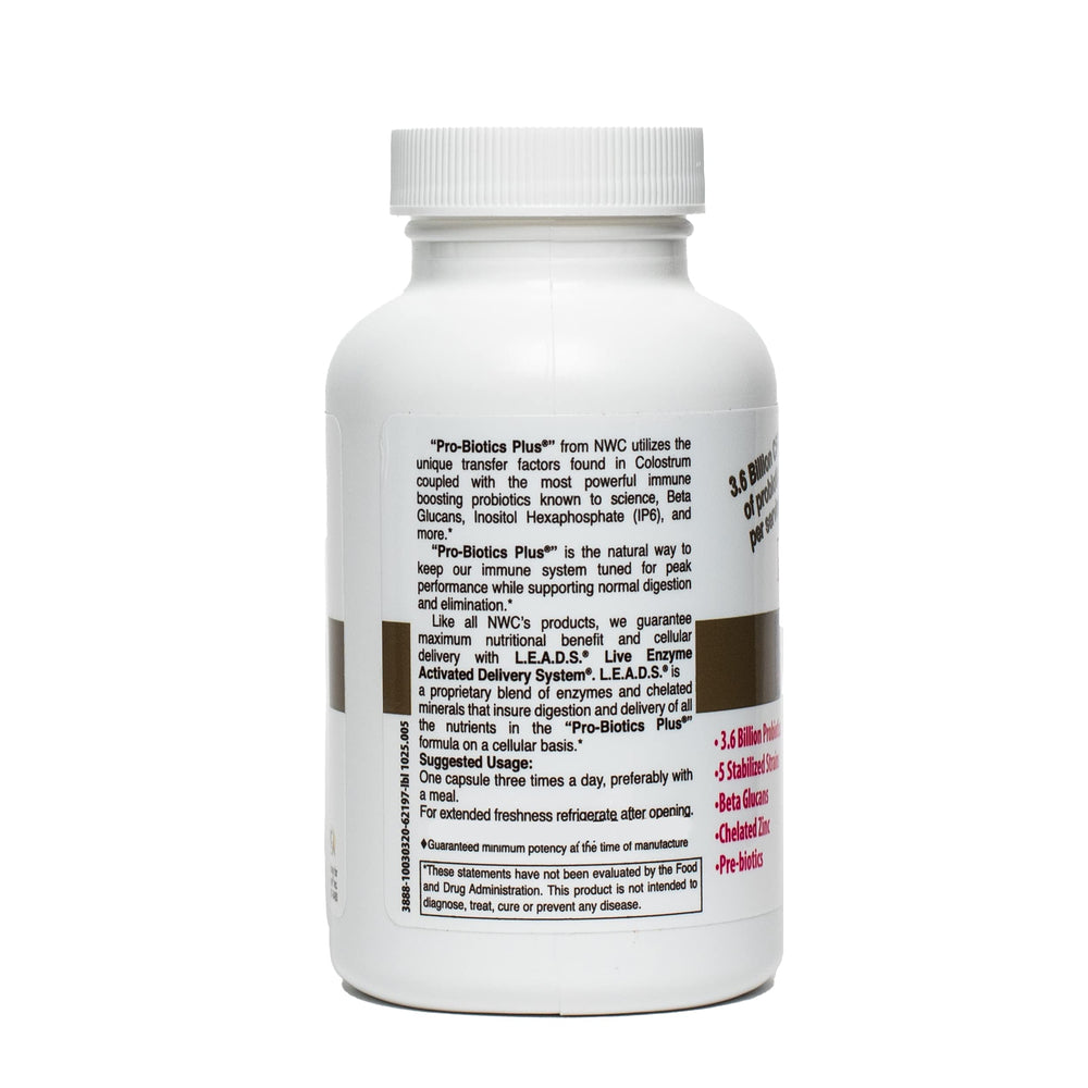 Closeup of Pro-Biotics Plus capsules emphasizing vegetarian formula for family daily wellness.
