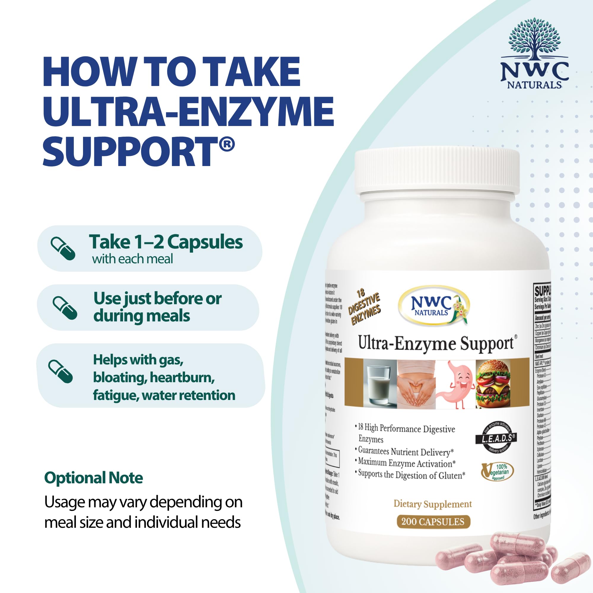 Ingredients panel displays 18 enzyme types in formula.