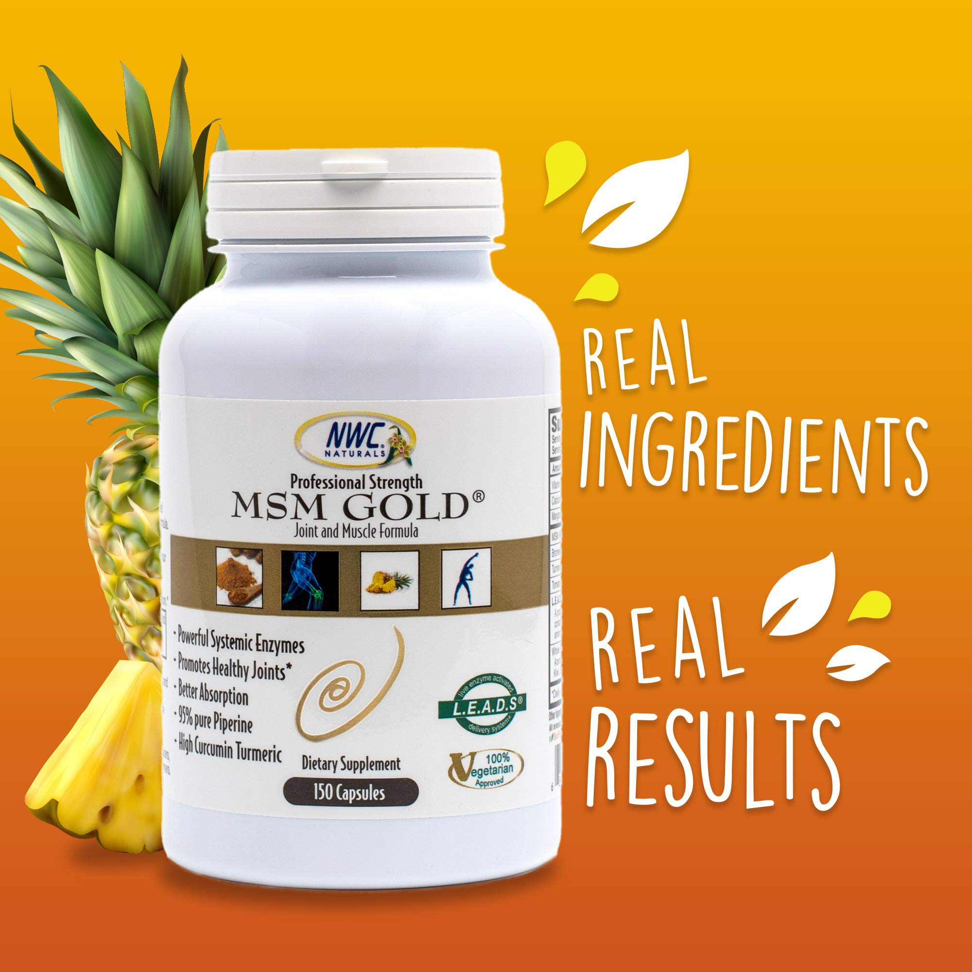 NWC Naturals MSM Gold capsules-closeup emphasizes vegetarian formula with MSM and enzymes.