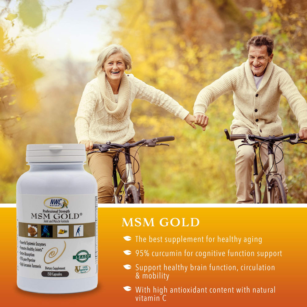 NWC Naturals MSM Gold ingredients-scene highlights amylase, proteolytic enzymes, and turmeric components.
