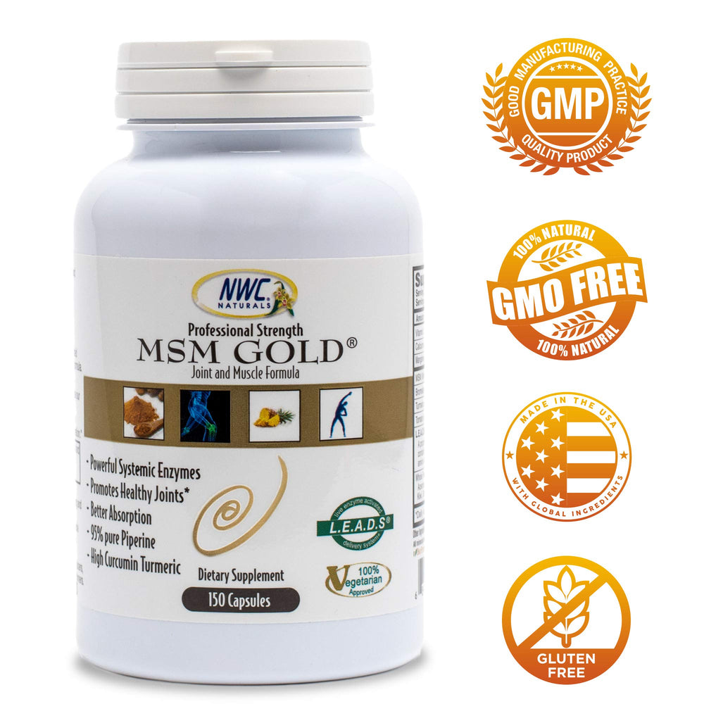 NWC Naturals MSM Gold label-detail shows turmeric and bromelain for antioxidant-rich nourishment.
