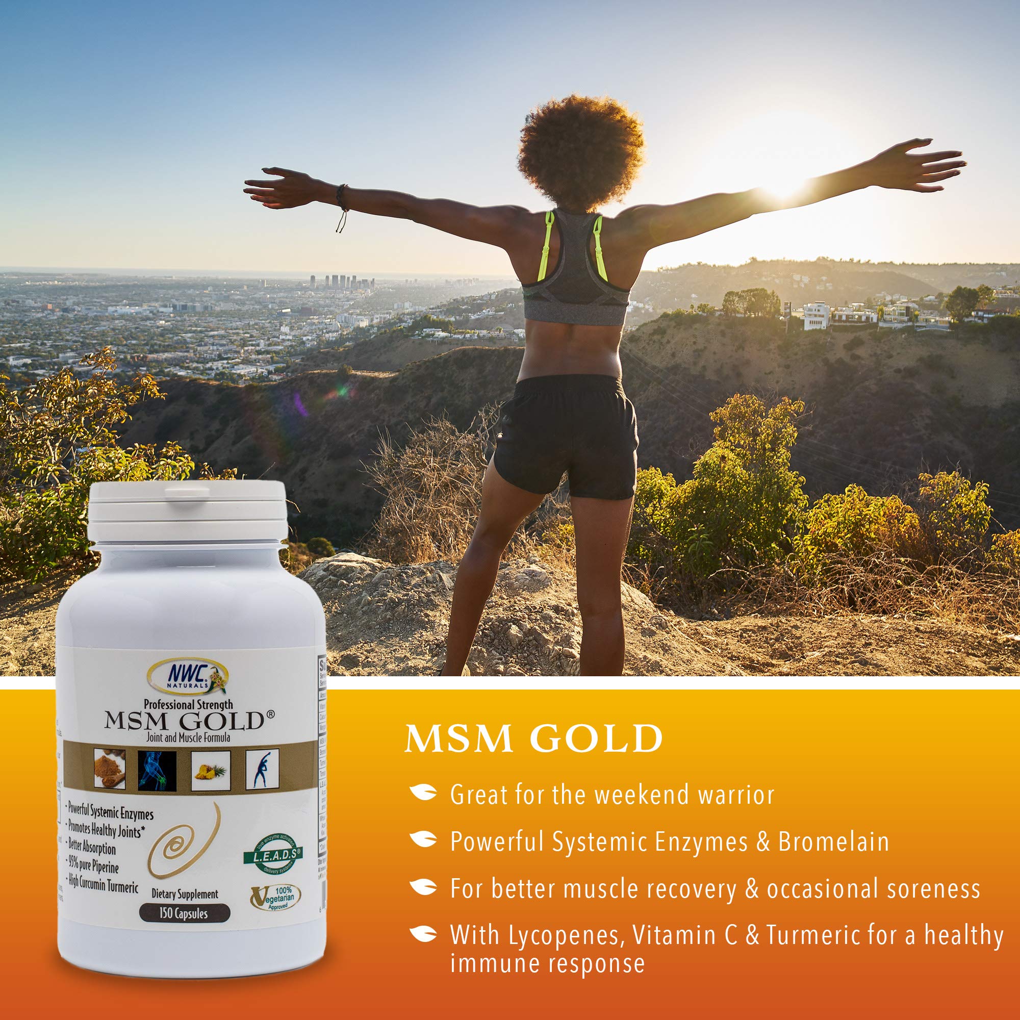 NWC Naturals MSM Gold vial-side view demonstrates packaging for on-the-go wellness.