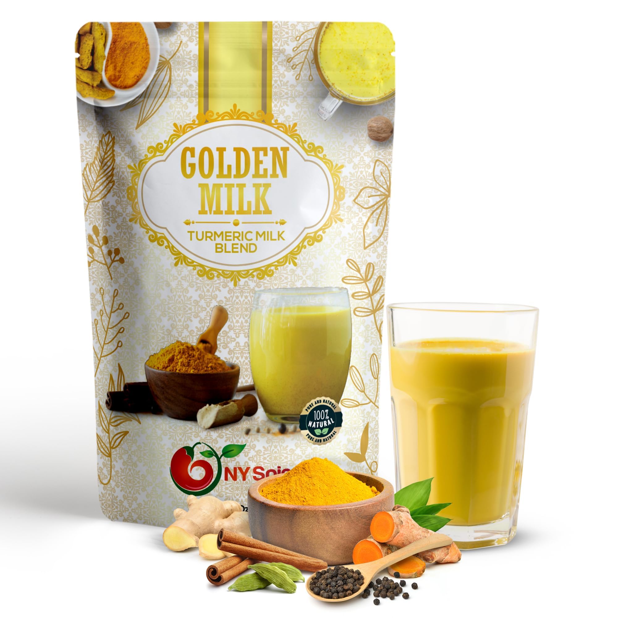 NY Spice Shop Golden Milk Powder tub for easy home latte or smoothie boosts.