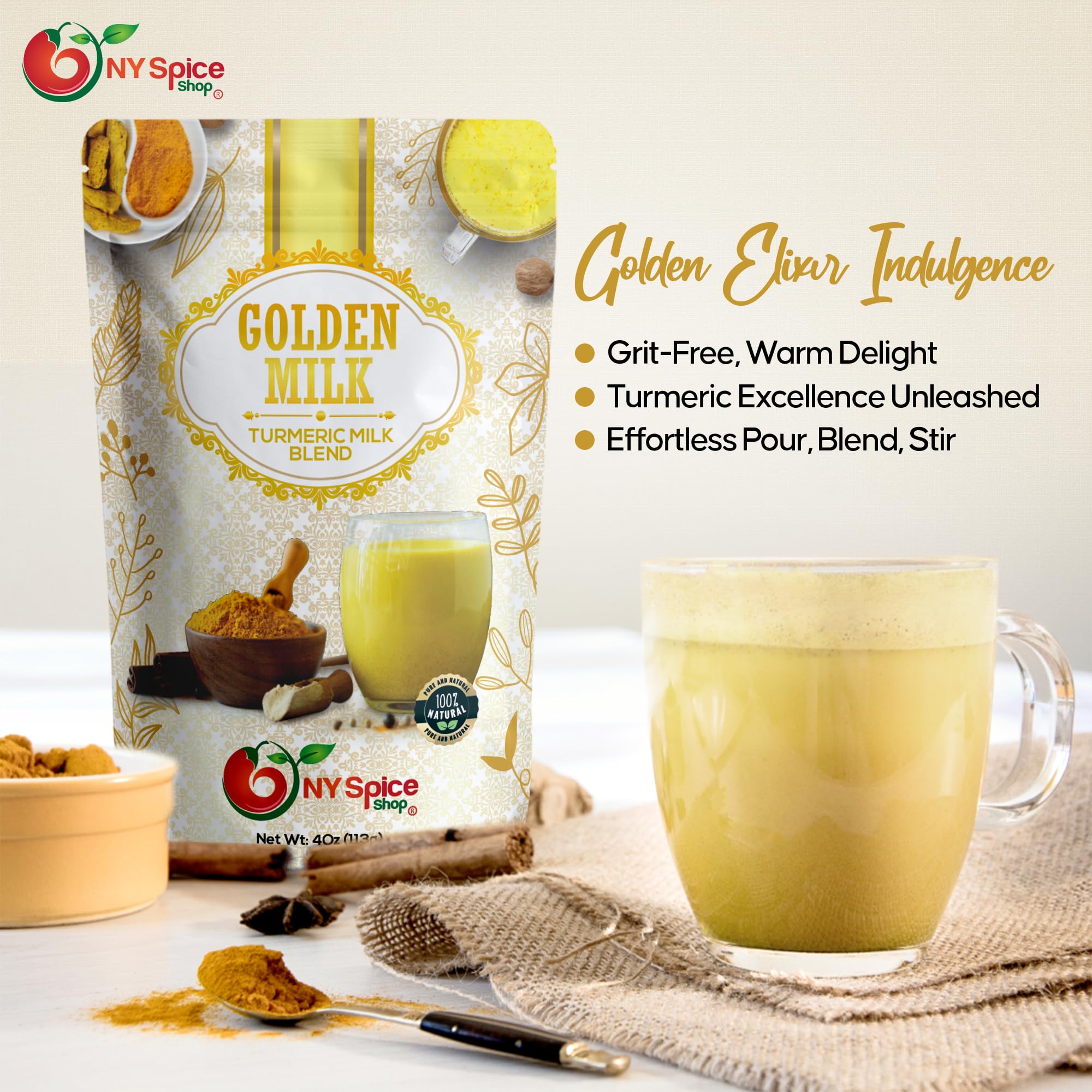 NY Spice Shop Golden Milk Turmeric Cinnamon Ginger Blend with aromatic spice notes.