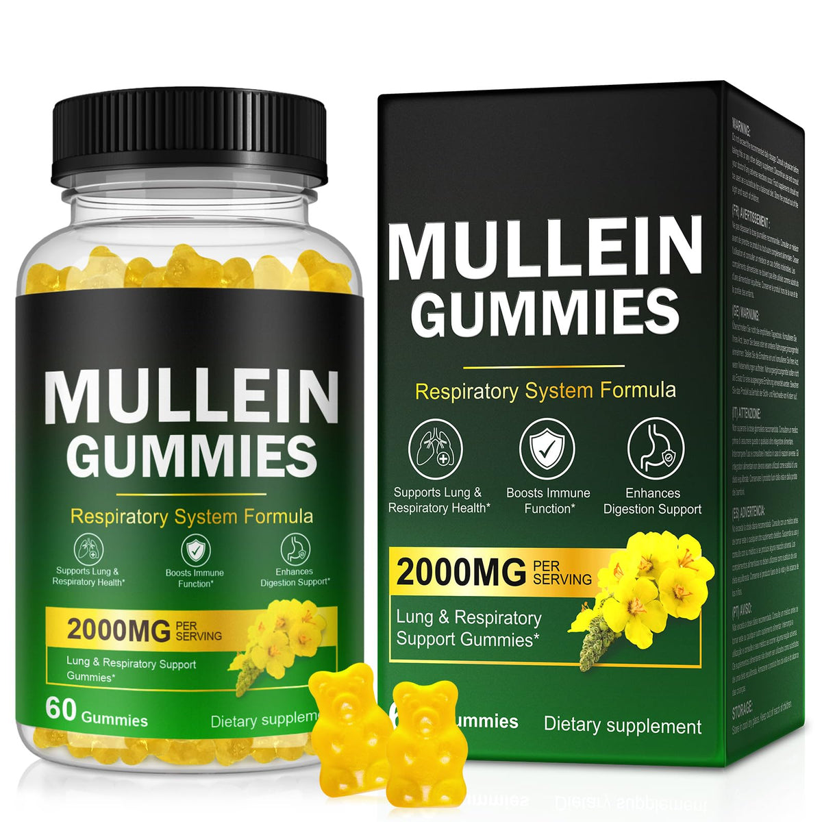 Nyloriaine Mullein Gummies bottle front, pear flavor, for daily respiratory support.