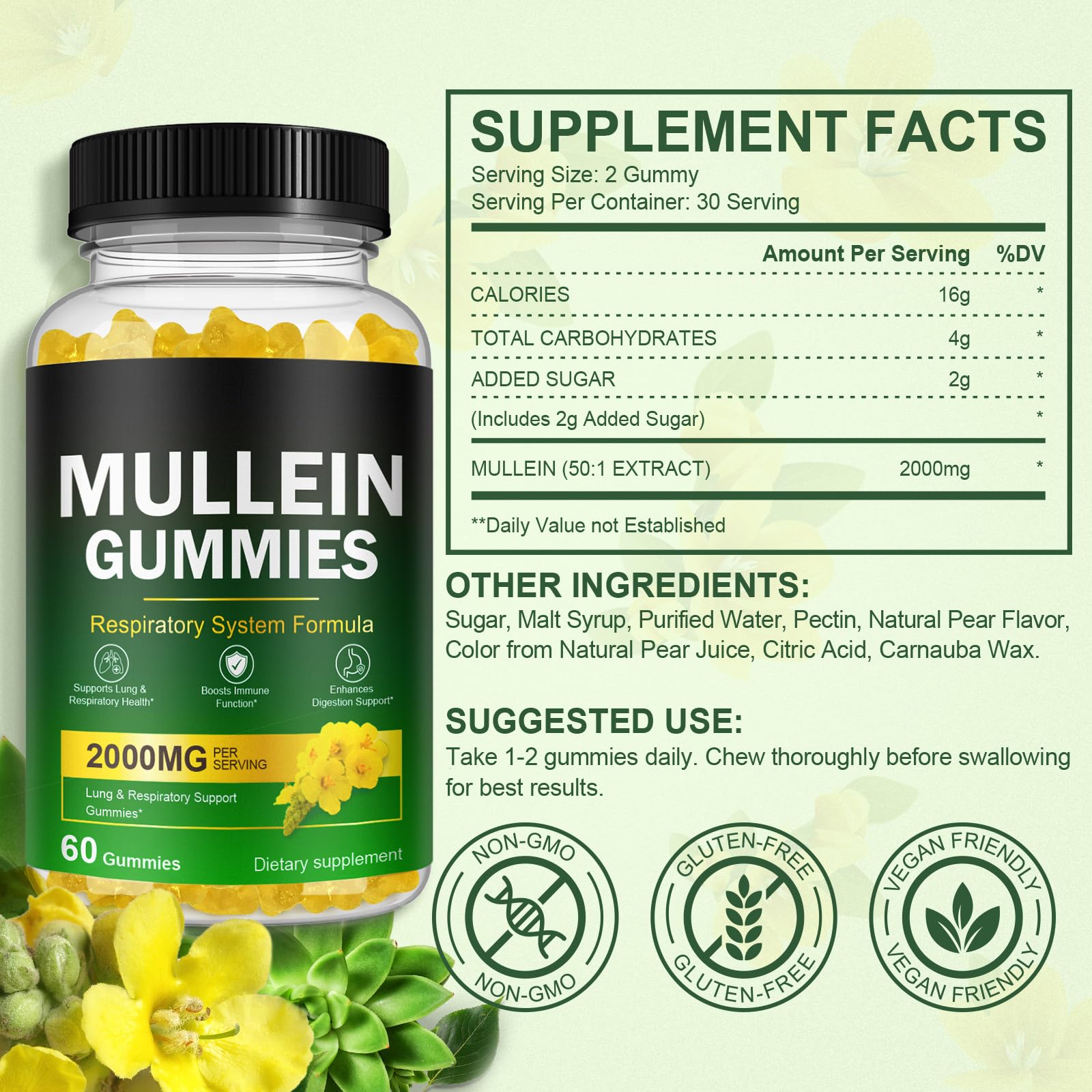 Ingredients list featuring mullein and flavonoids for respiratory and immune support.