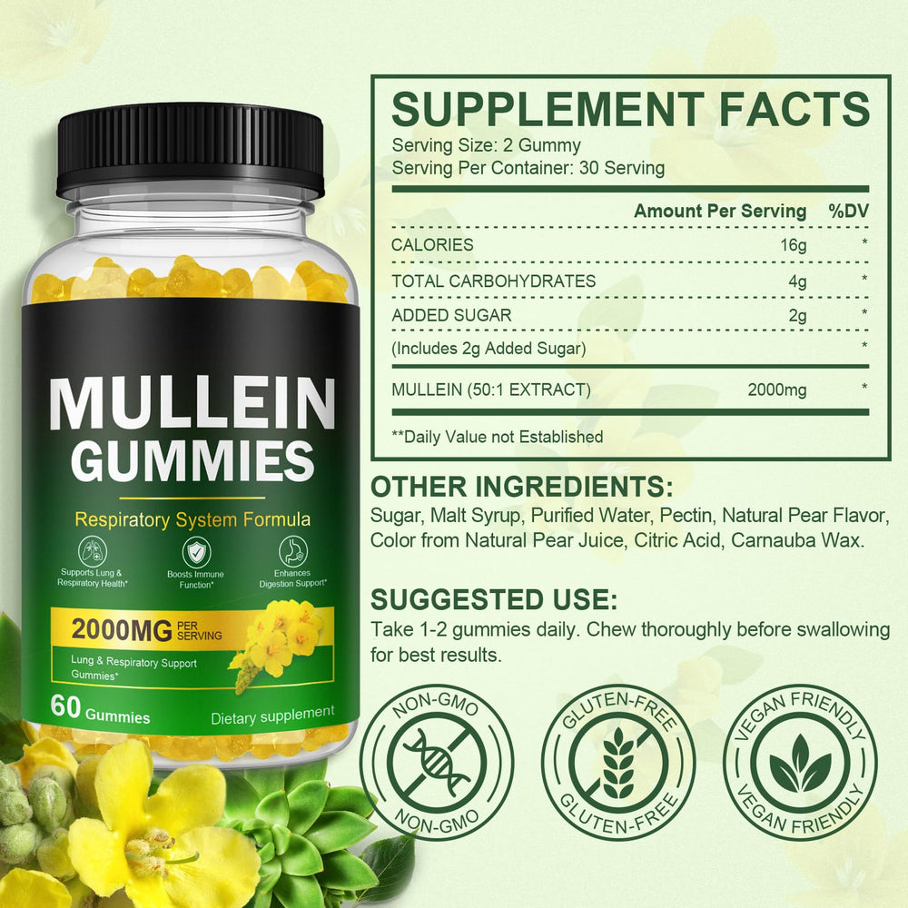 Ingredients list featuring mullein and flavonoids for respiratory and immune support.