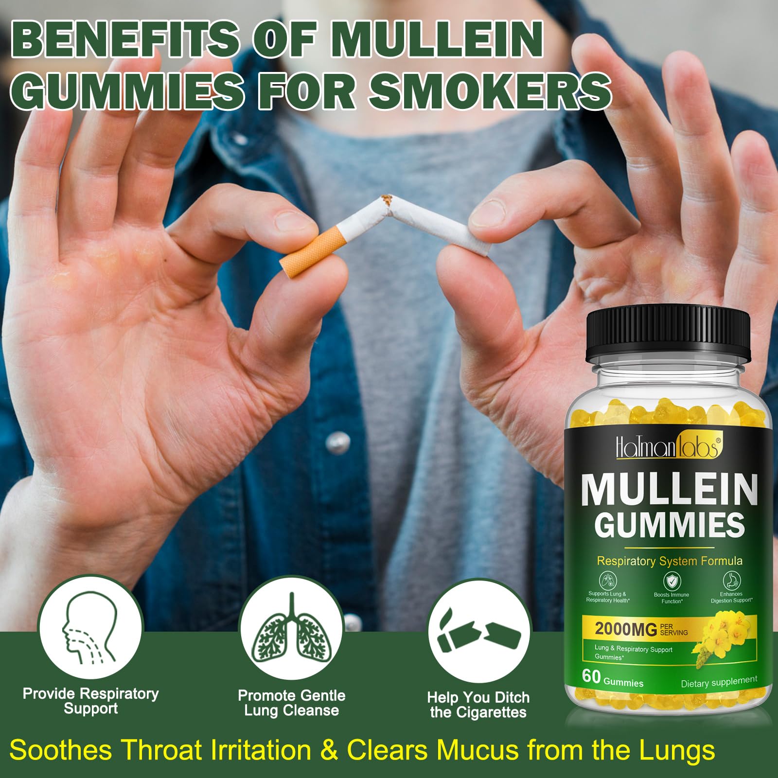 Nyloriaine Mullein Gummies beside smoker items for throat comfort