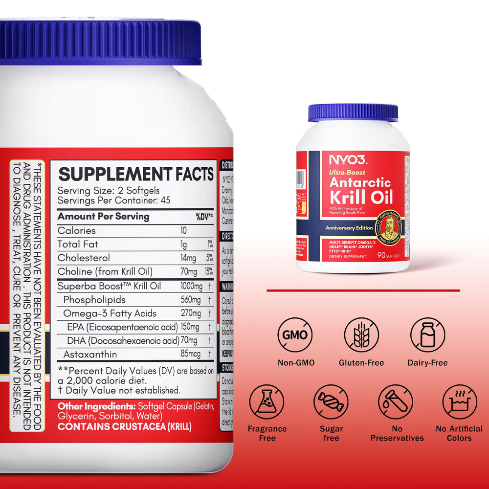 NYO3 Antarctic Krill Oil label shows purity and certifications