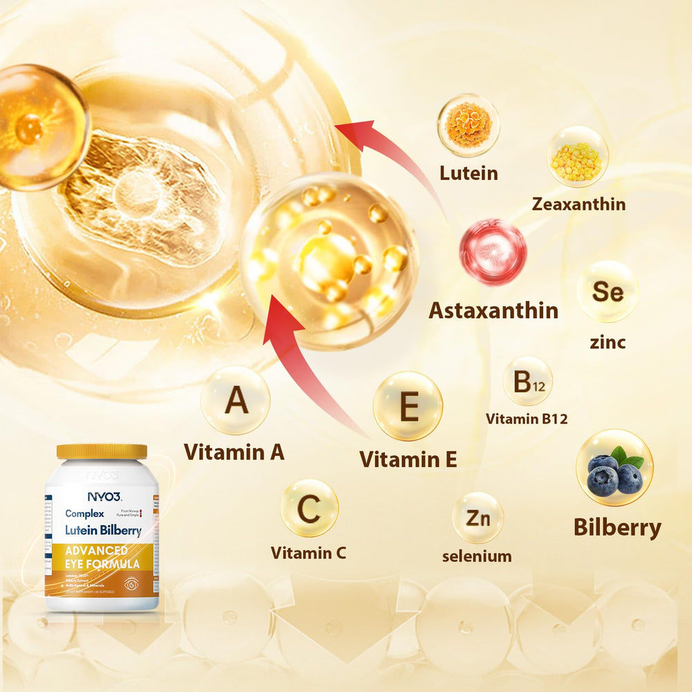 NYO3 Vitamin A C E B12 detail shows essential nutrients for eye function