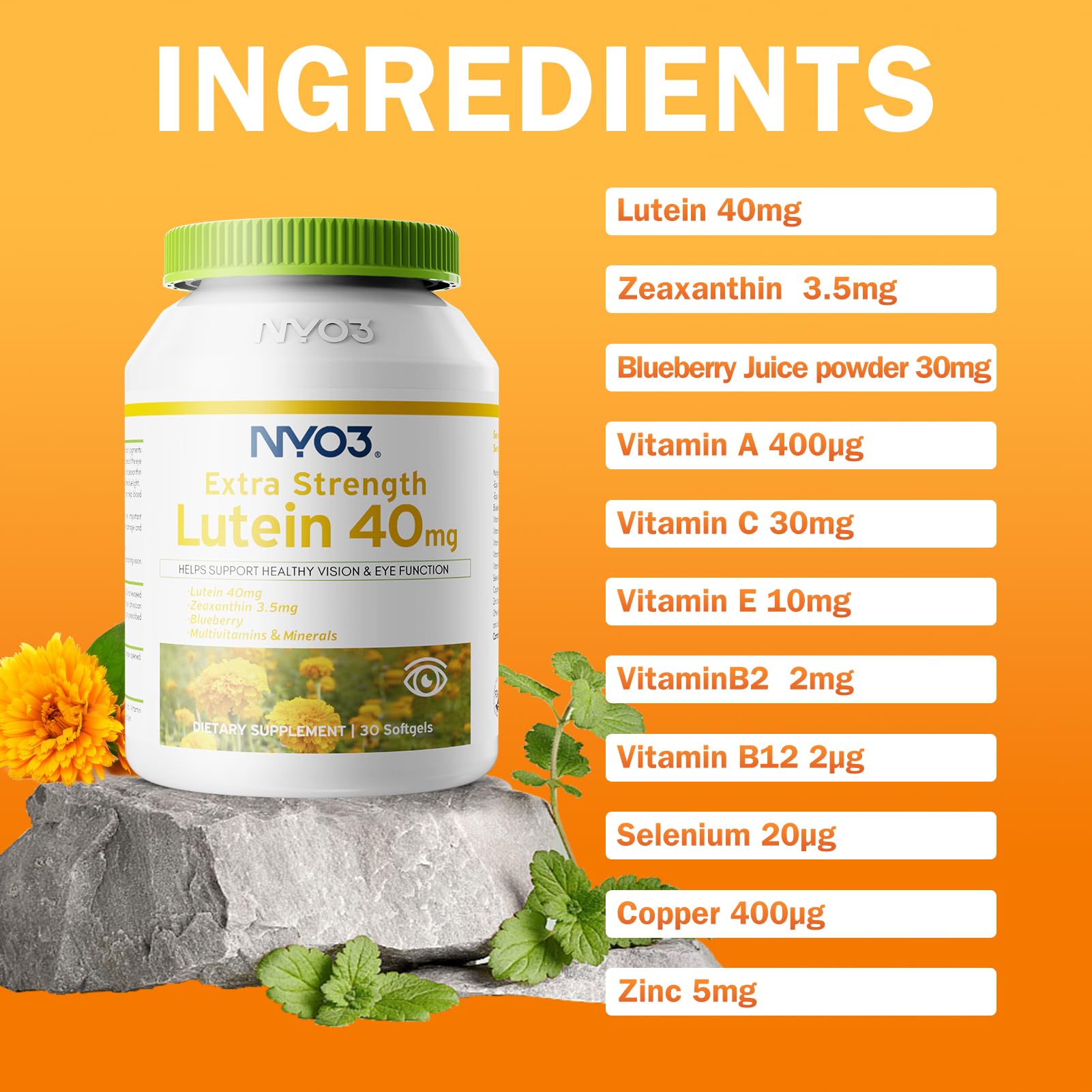 NYO3 eyes health vision softgels designed for daily screen-time support.
