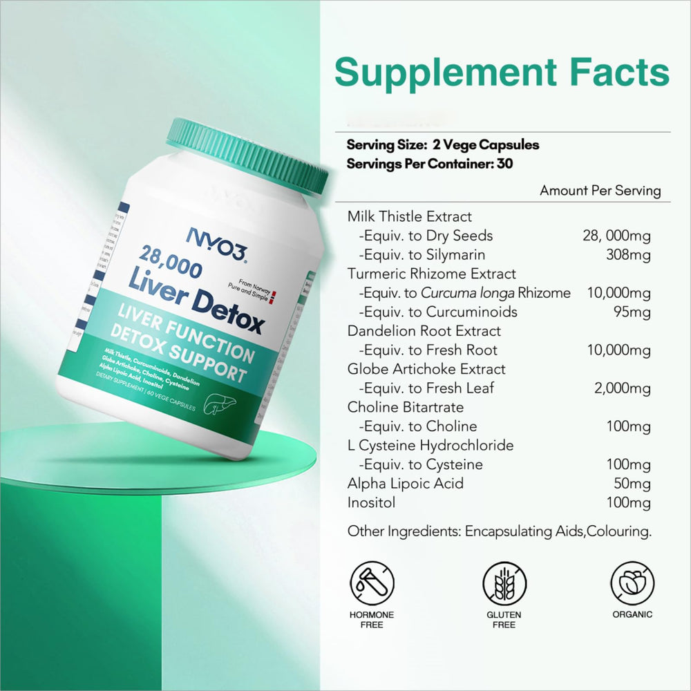 NYO3 milk thistle capsules close-up shows convenient daily herbal capsules.