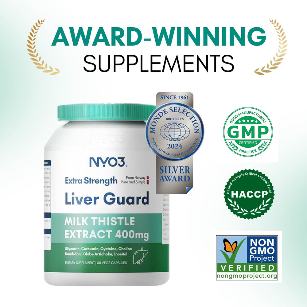NYO3 Milk Thistle benefits icons illustrate antioxidant support ideas.