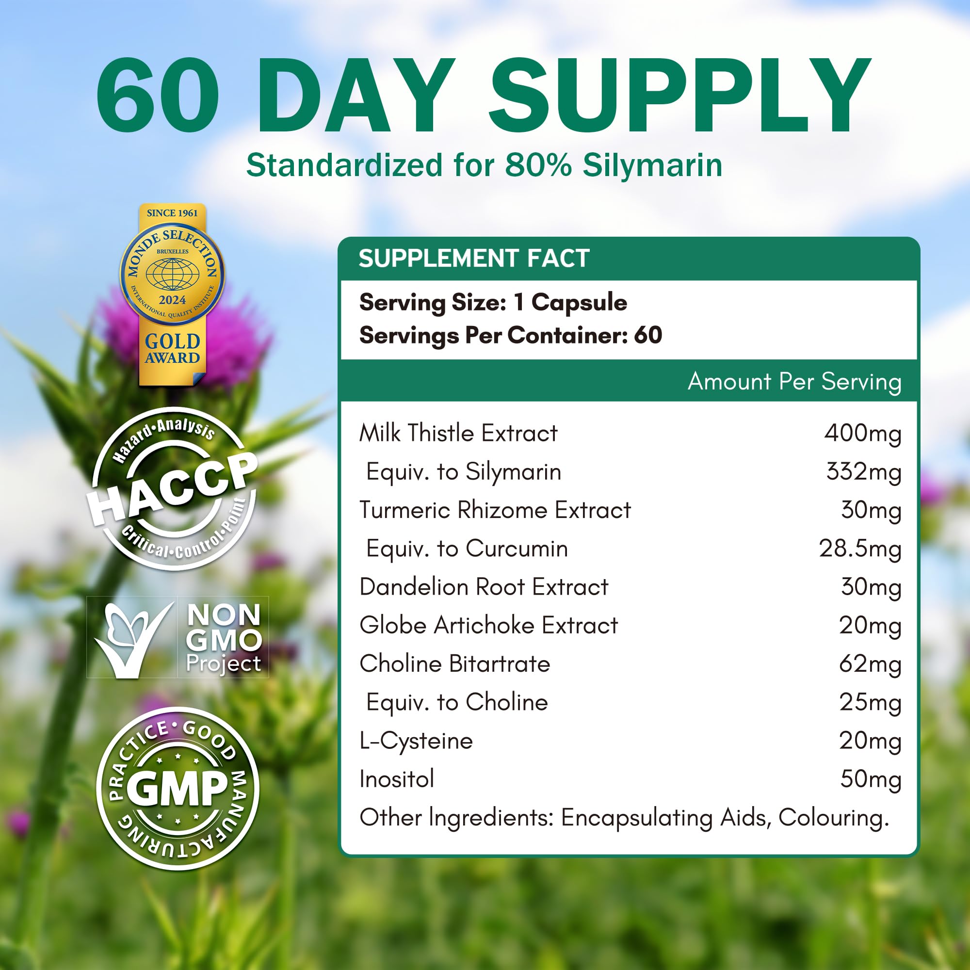 NYO3 Milk Thistle bottle label highlights ingredients and recommended dosage.