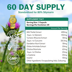 NYO3 Milk Thistle bottle label highlights ingredients and recommended dosage.