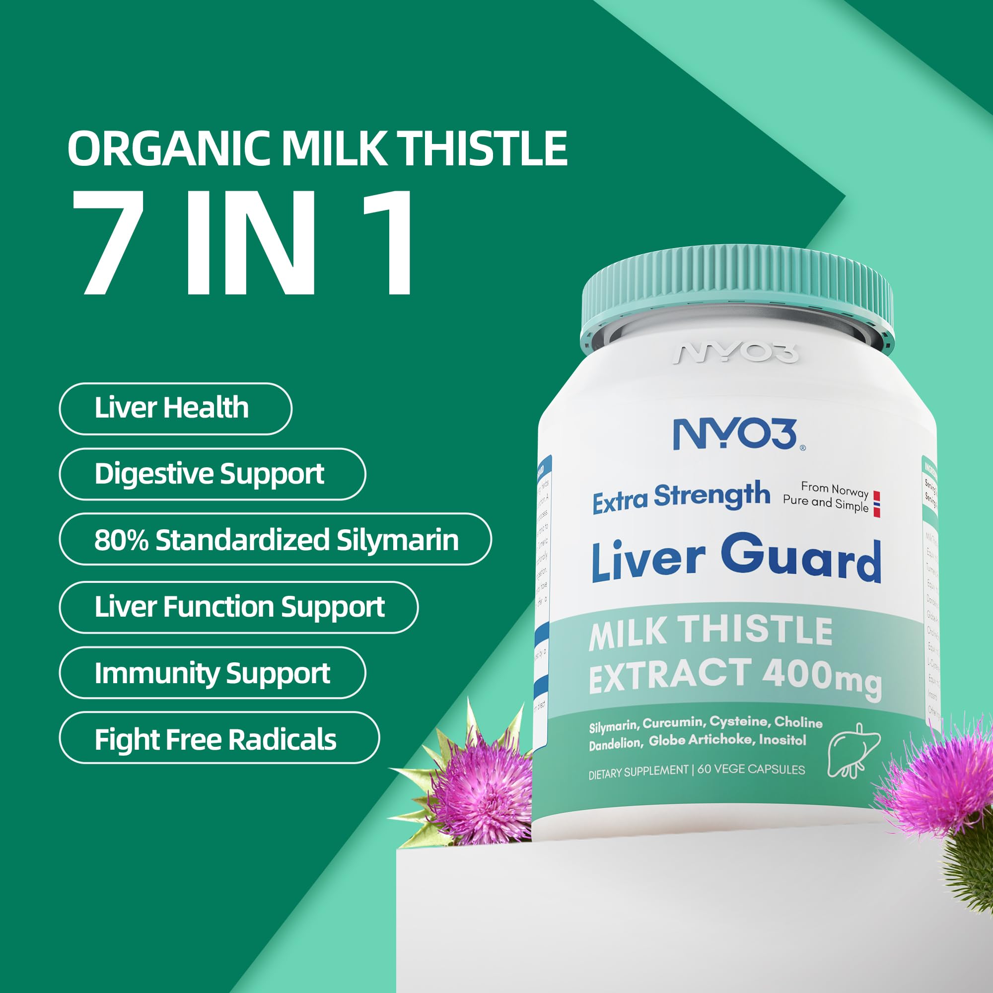 NYO3 Milk Thistle bottle pour demonstrates simple capsule intake.