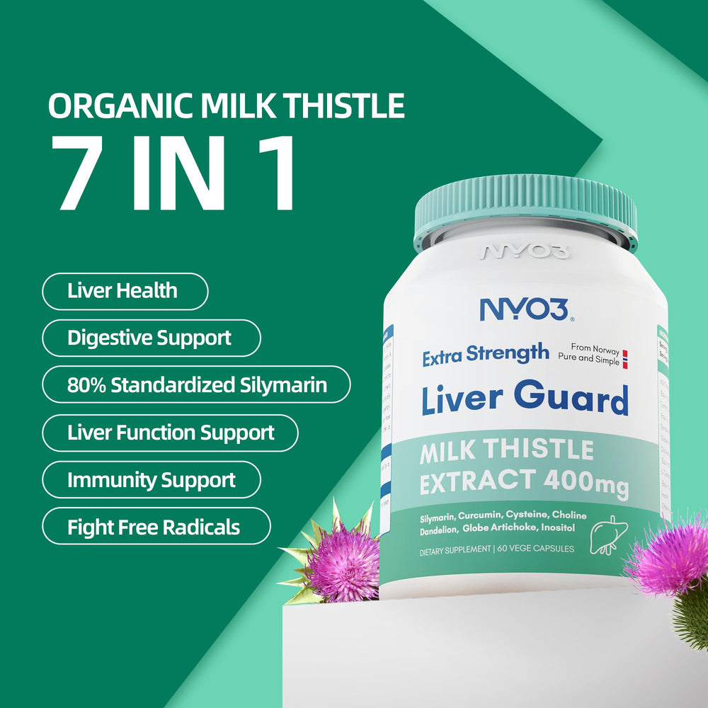 NYO3 Milk Thistle bottle pour demonstrates simple capsule intake.