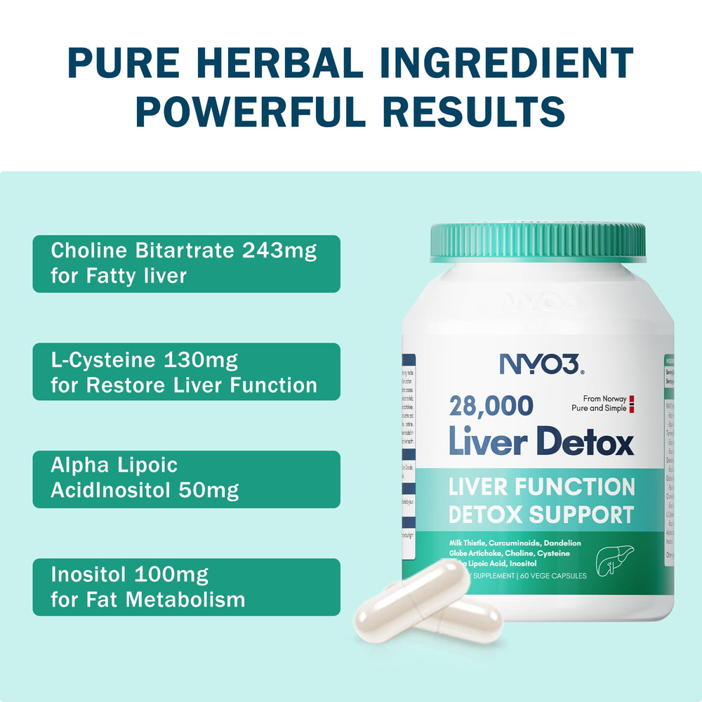 NYO3 product packaging featuring 60 capsules communicates complete liver care.