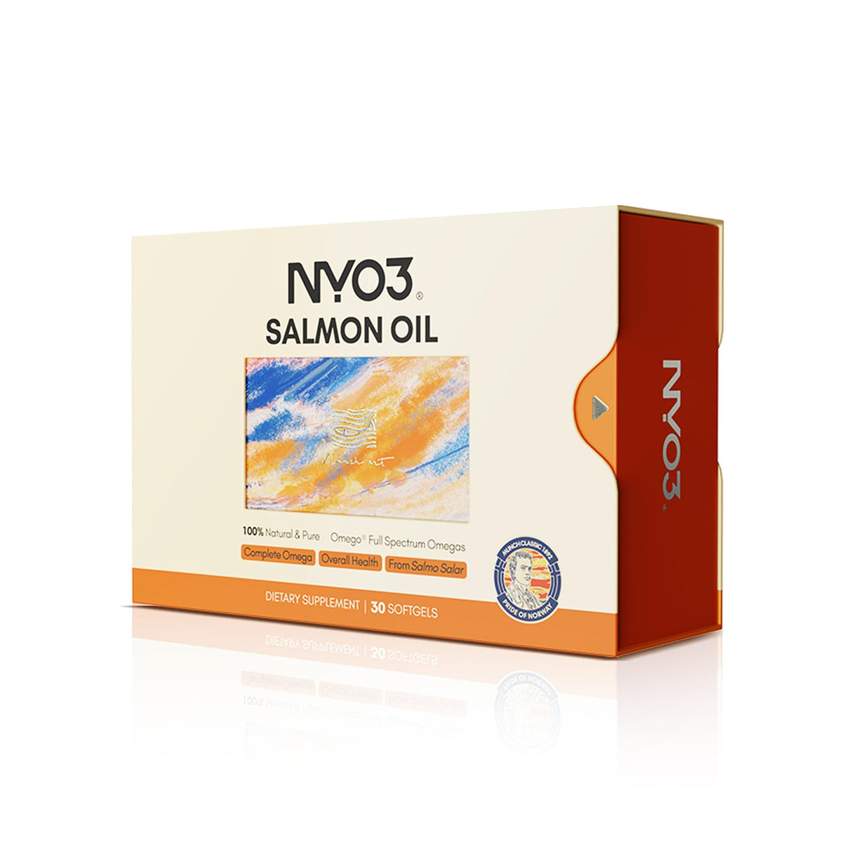 NYO3 Salmon Oil bottle highlights premium softgel packaging for daily omega support