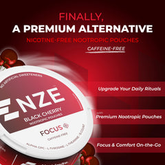 NZE caffeine-free nootropic pouches black cherry pouch for on-the-go use.