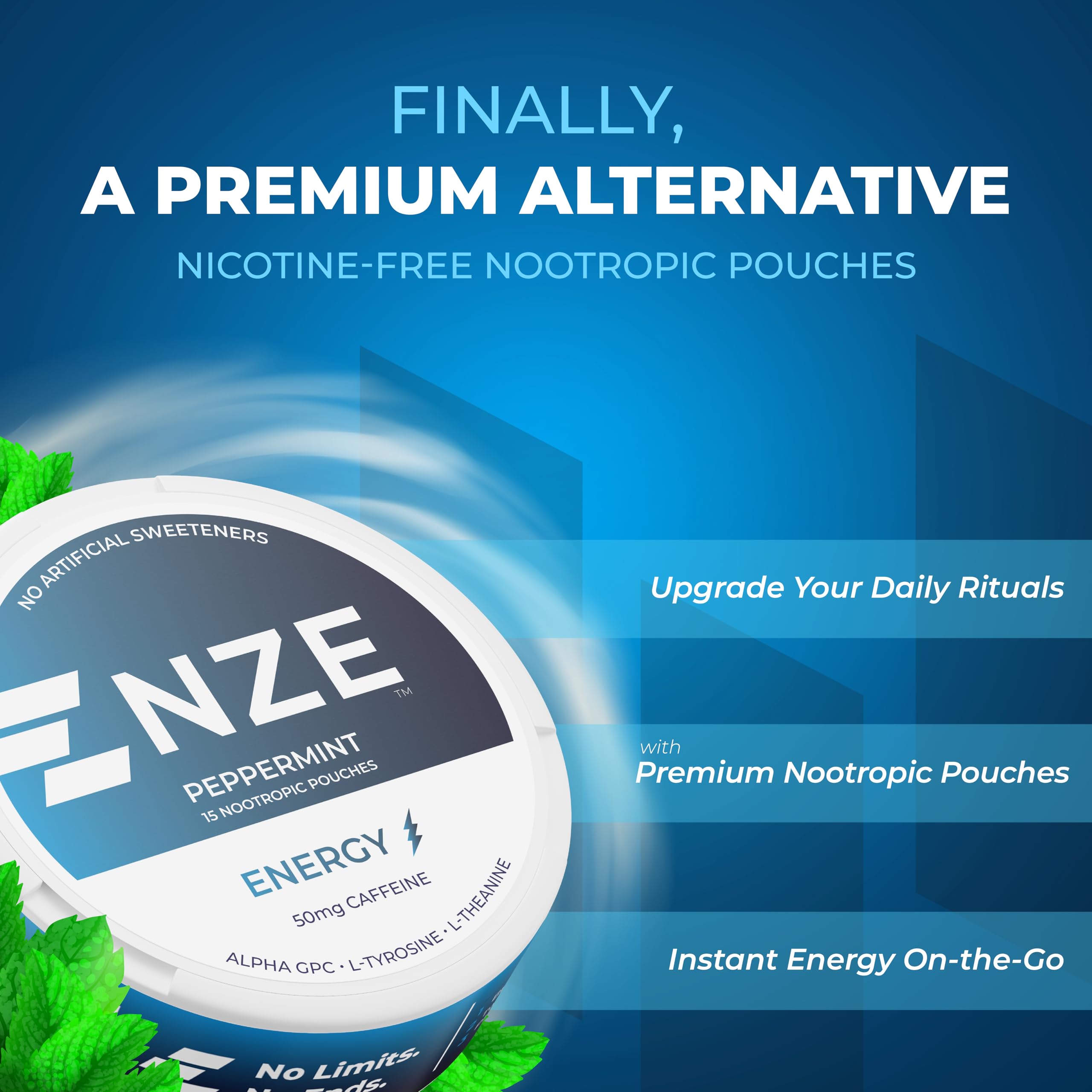 NZE Caffeine Nootropic Peppermint can back highlights caffeine and no nicotine.