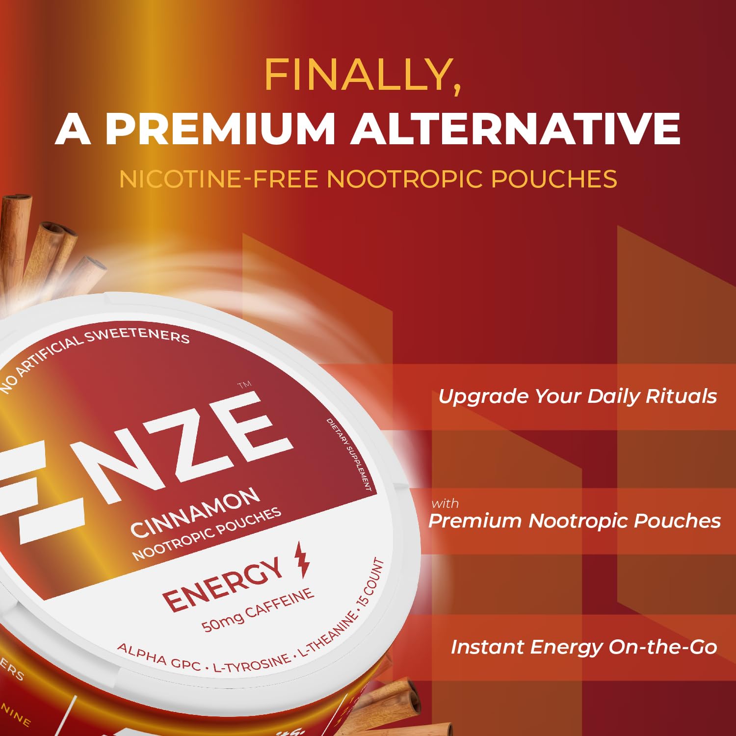 NZE Cinnamon can back shows nutrition label and sugar-free formula.