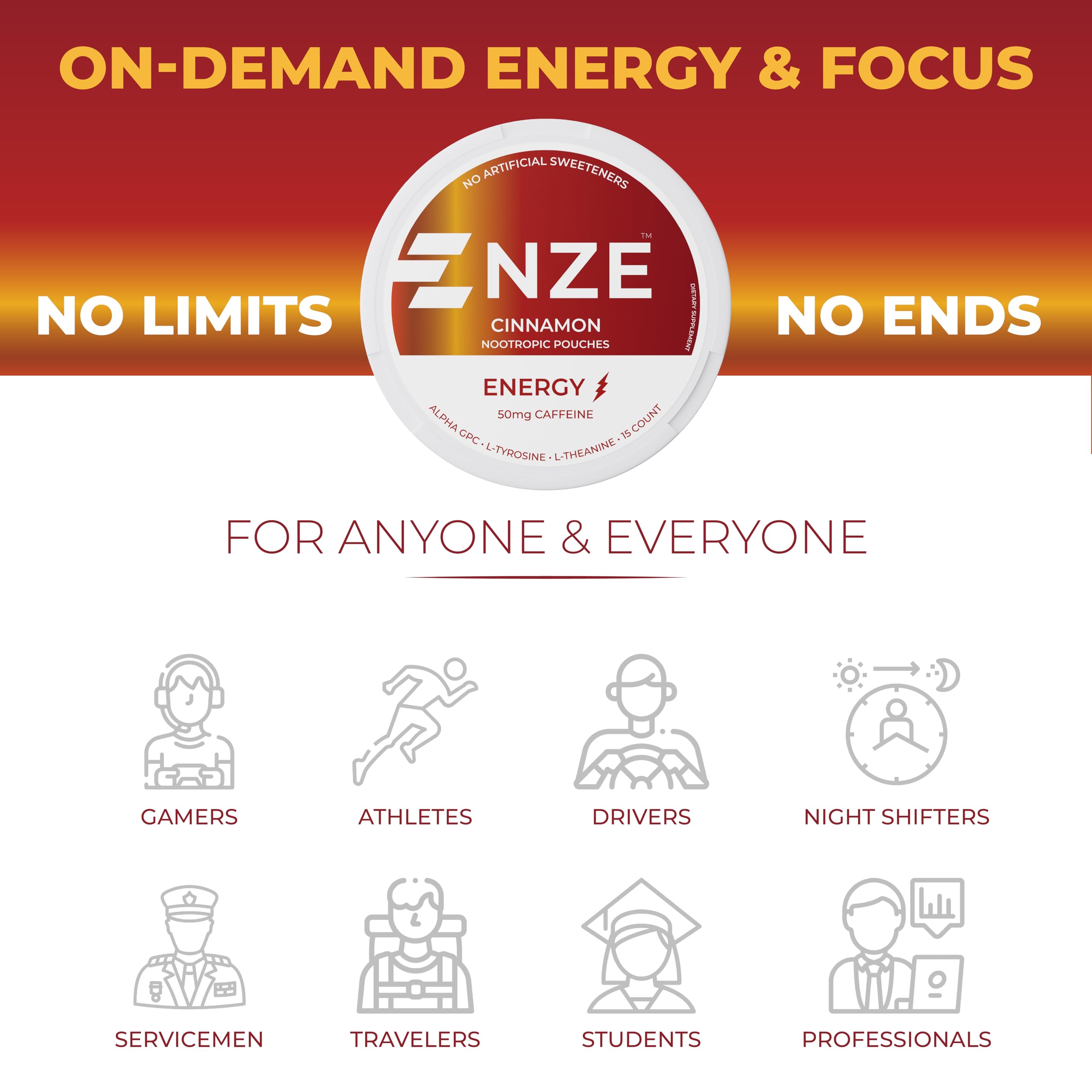 NZE Cinnamon label close-up emphasizes 50mg caffeine per pouch.