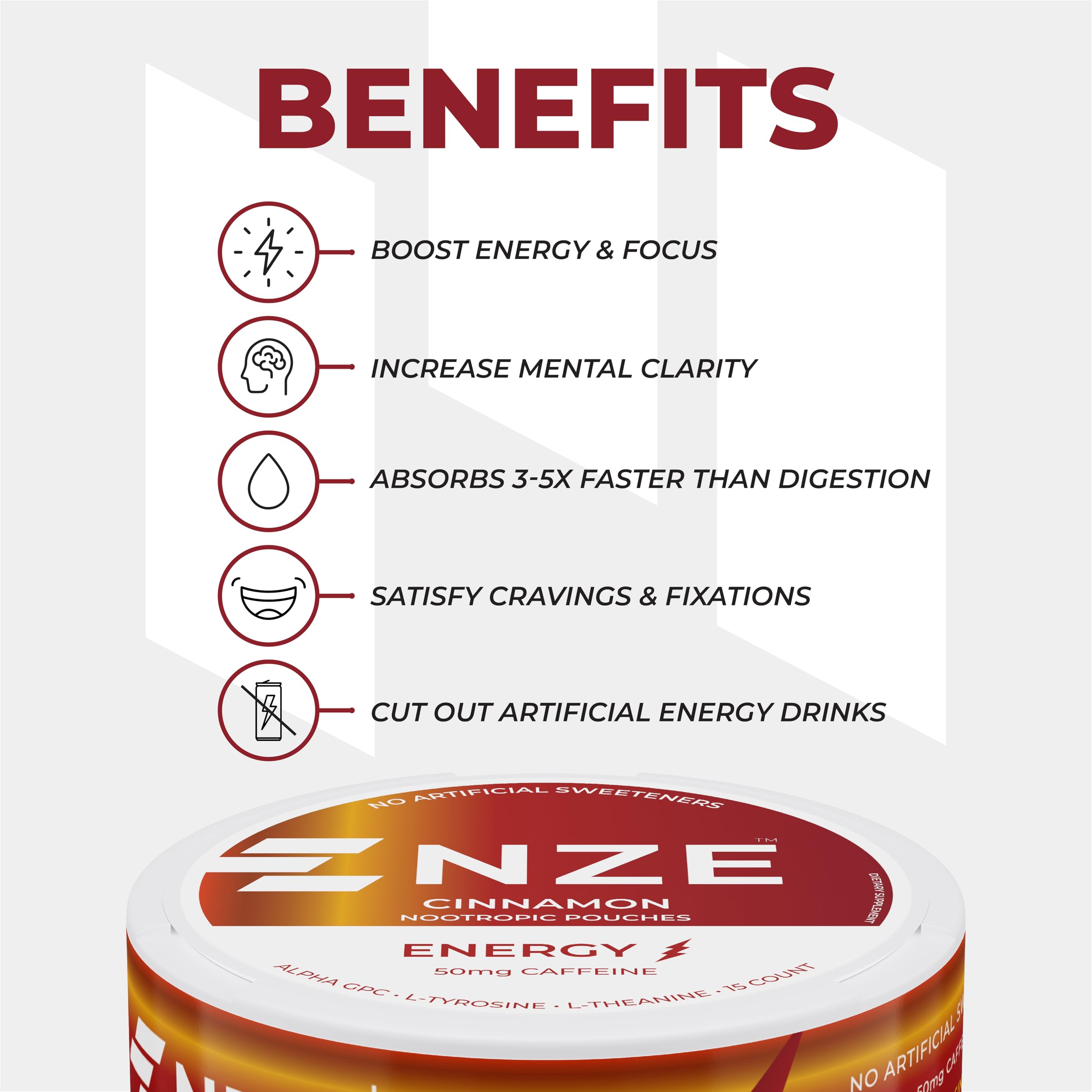 NZE Cinnamon pouch close-up highlights texture and natural sweetness.