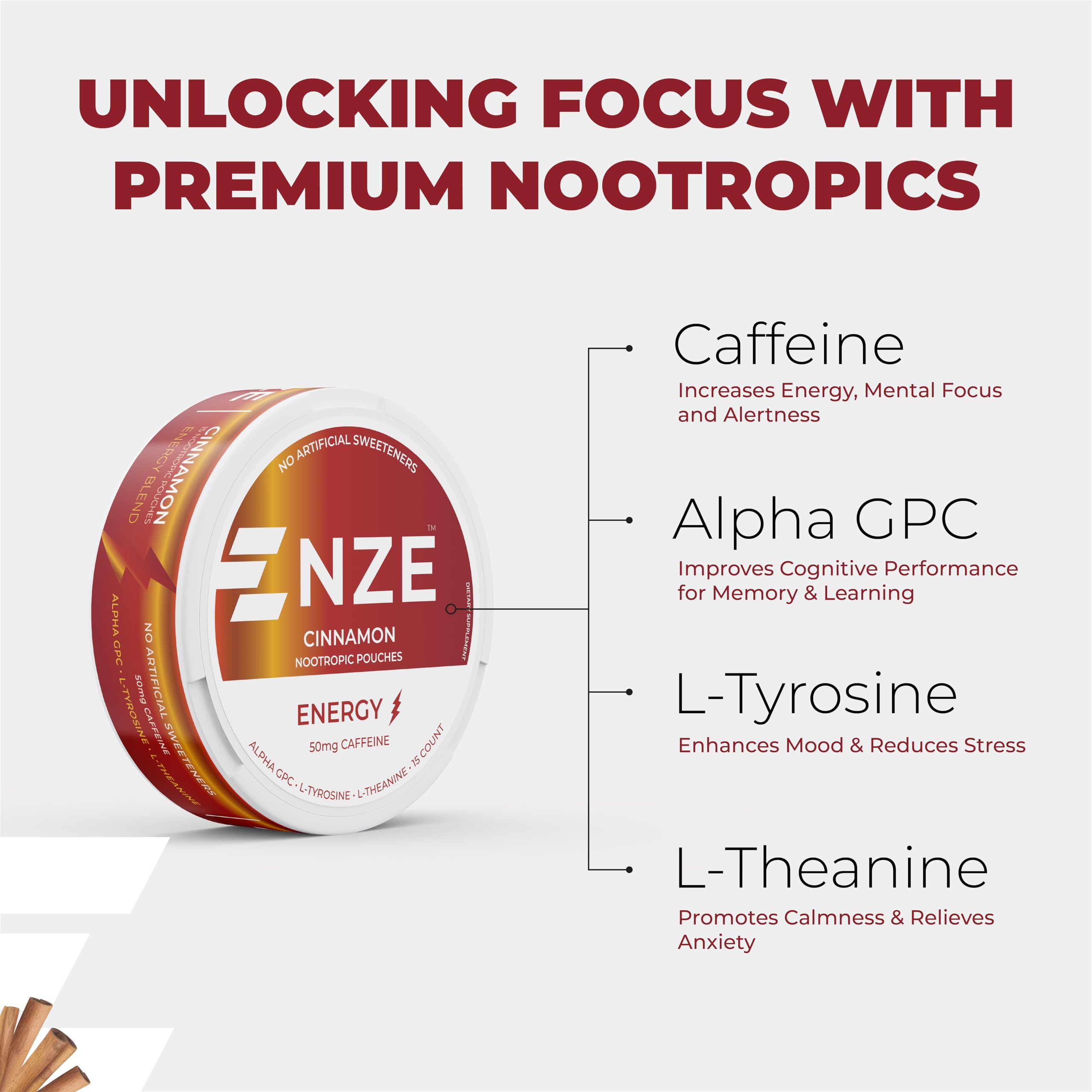 NZE Cinnamon pouch open suggests easy, mess-free usage.