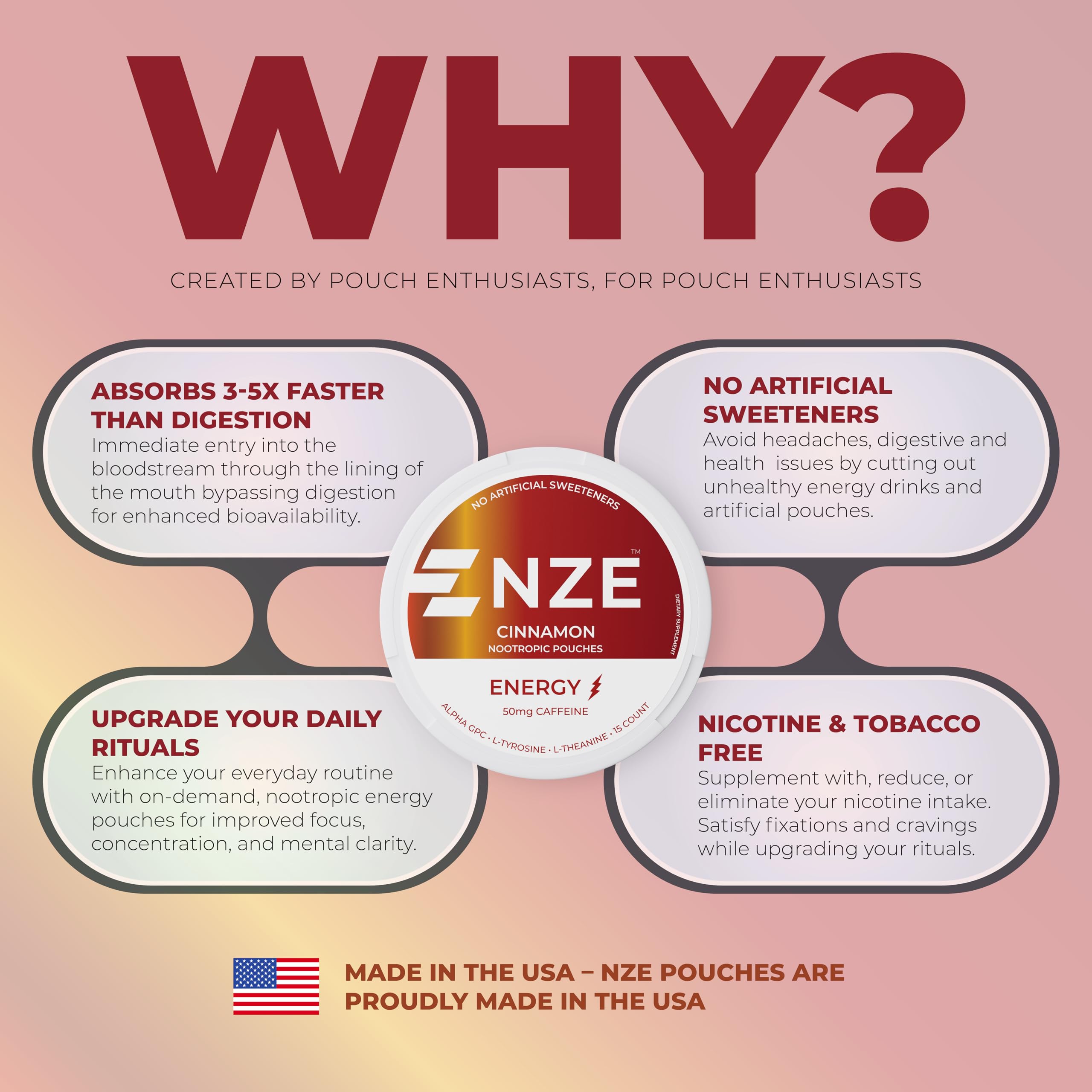 NZE Cinnamon pouches manufactured in the USA with high standards.