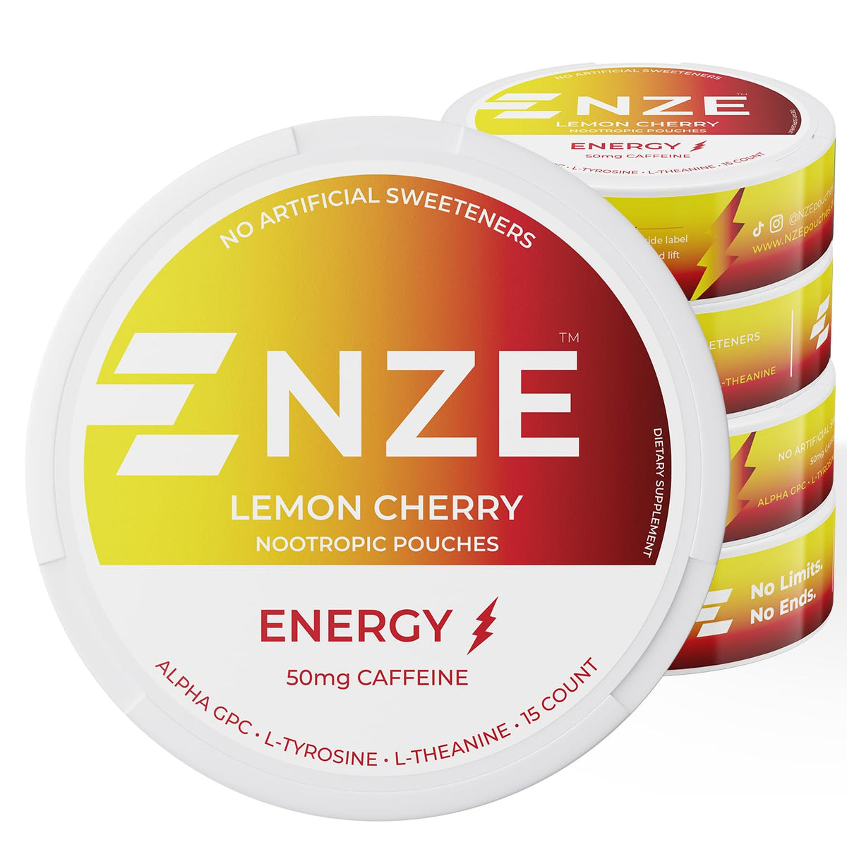 NZE Caffeine Nootropic Pouches Lemon Cherry can for quick energy on the go
