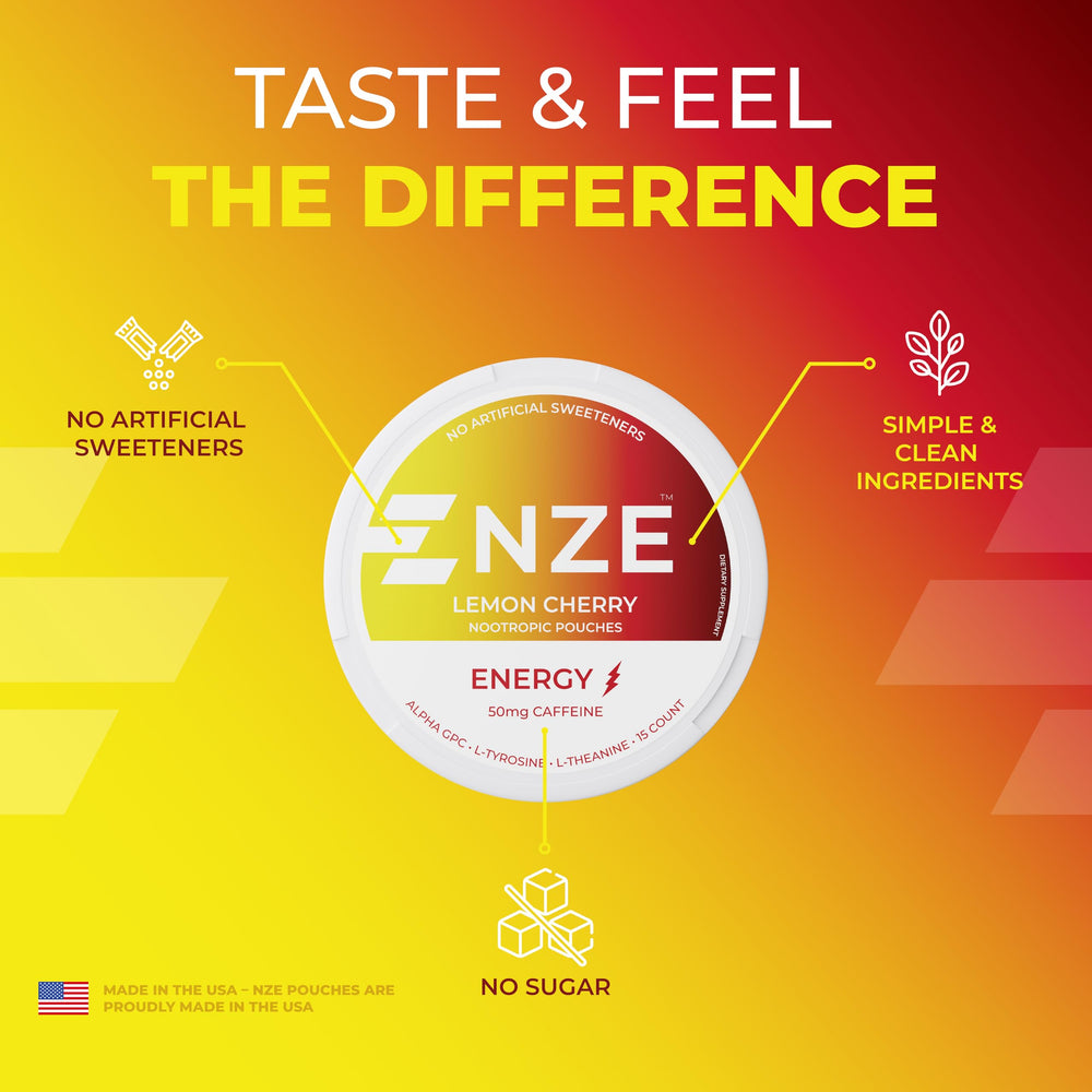 NZE Caffeine Nootropic Pouches Lemon Cherry opening a single pouch