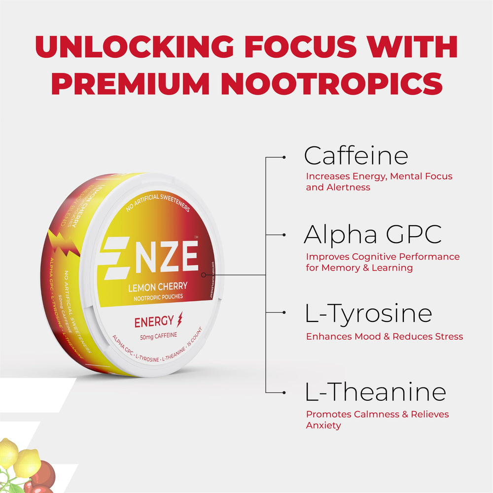 NZE Caffeine Nootropic Pouches Lemon Cherry packaging displays product details