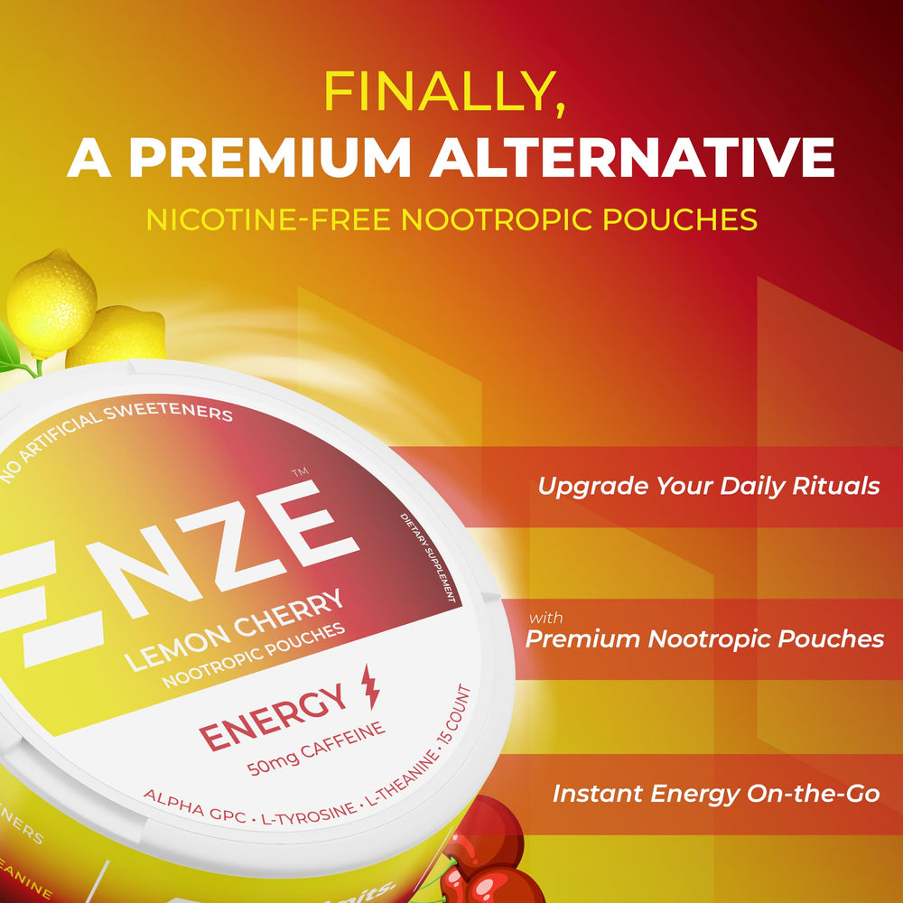 NZE Caffeine Nootropic Pouches Lemon Cherry pouch outside can for quick dose