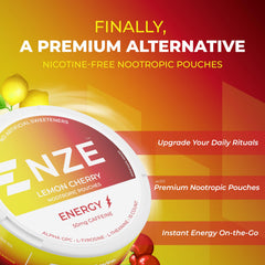 NZE Caffeine Nootropic Pouches Lemon Cherry pouch outside can for quick dose