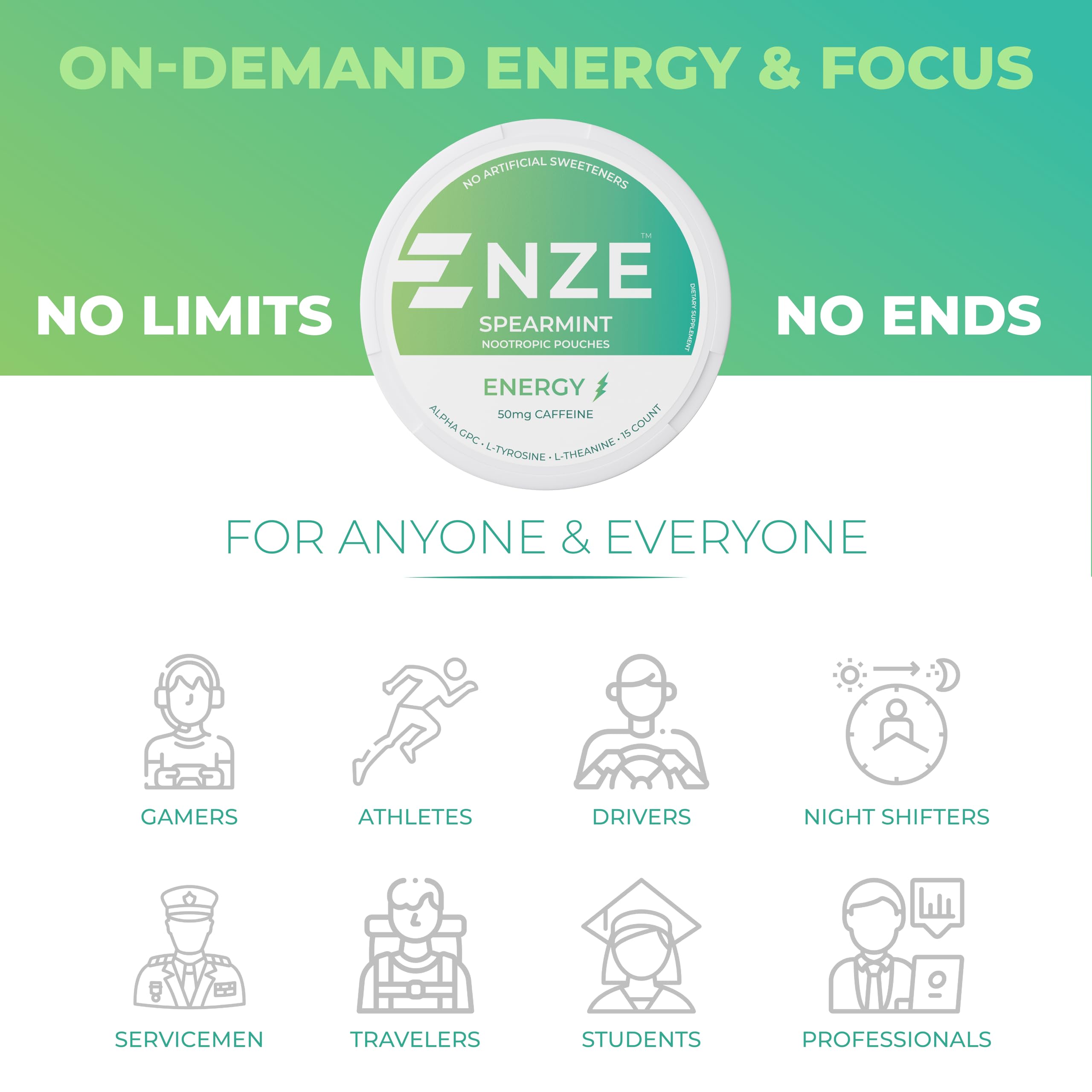 NZE Caffeine Nootropic Pouches no sugar sweeteners feature.