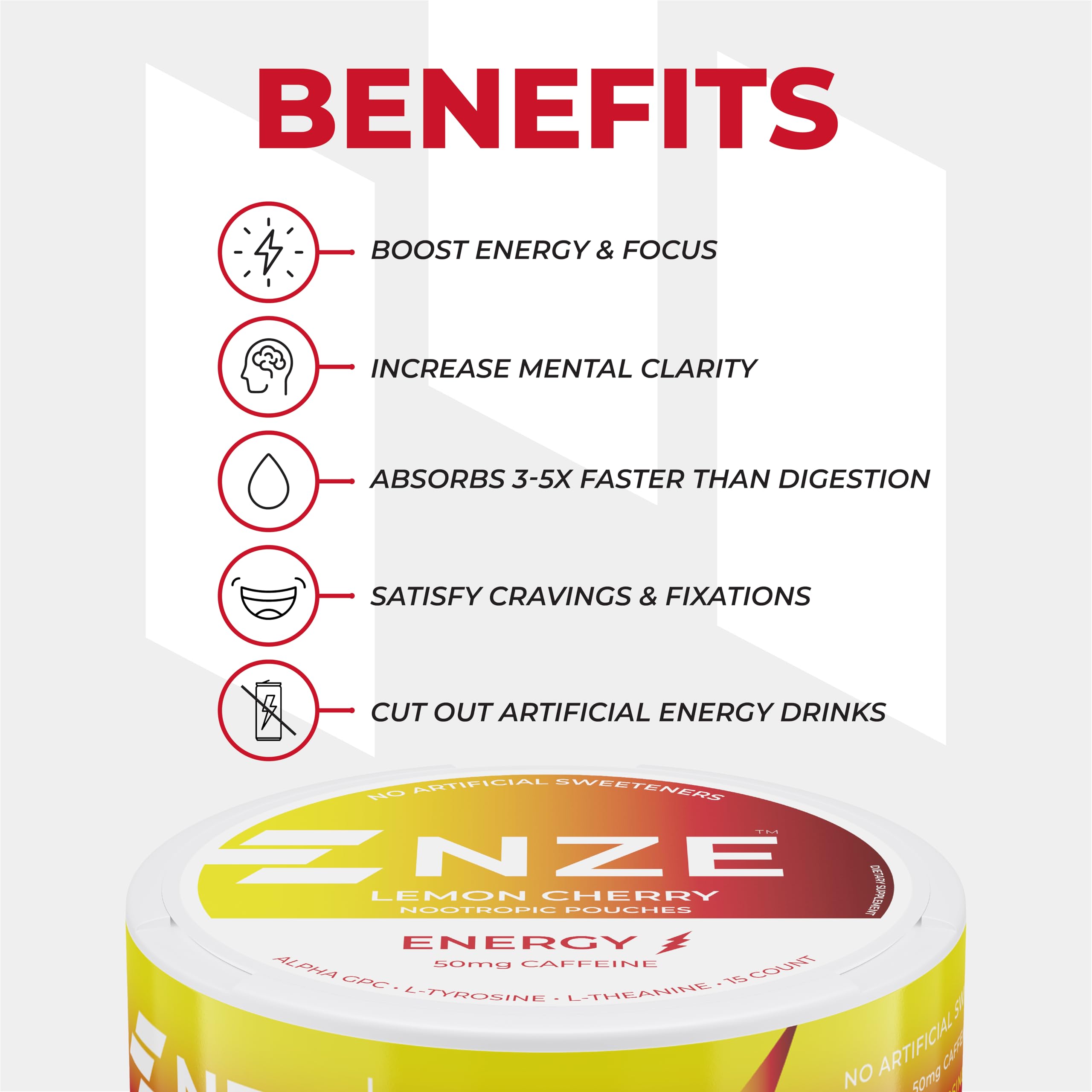 NZE Caffeine Nootropic Pouches quick absorption through mouth lining.