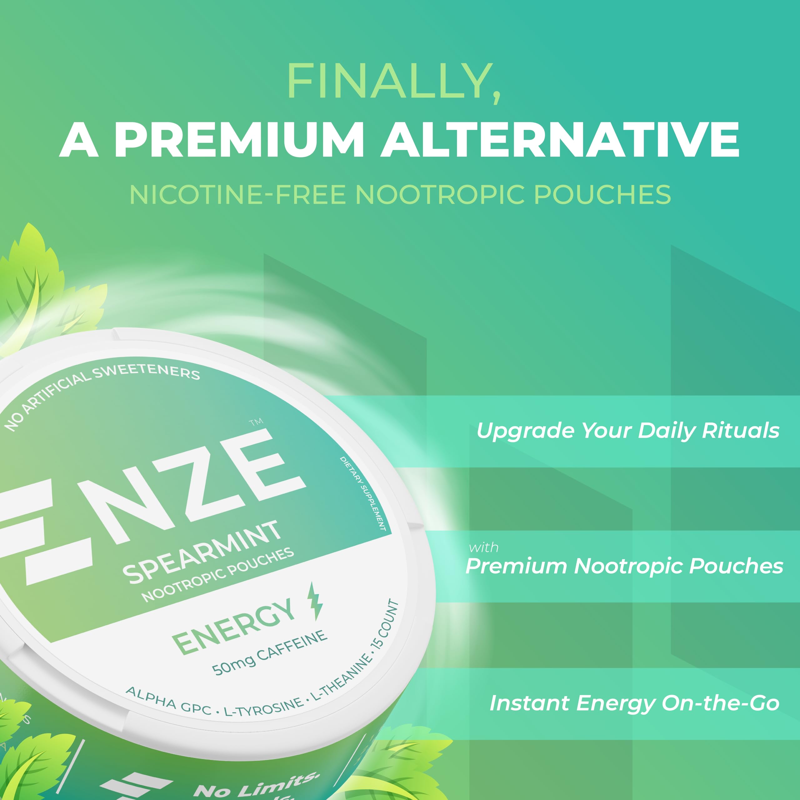 NZE spearmint pouch label highlighting Alpha GPC and L-Theanine for mental clarity.
